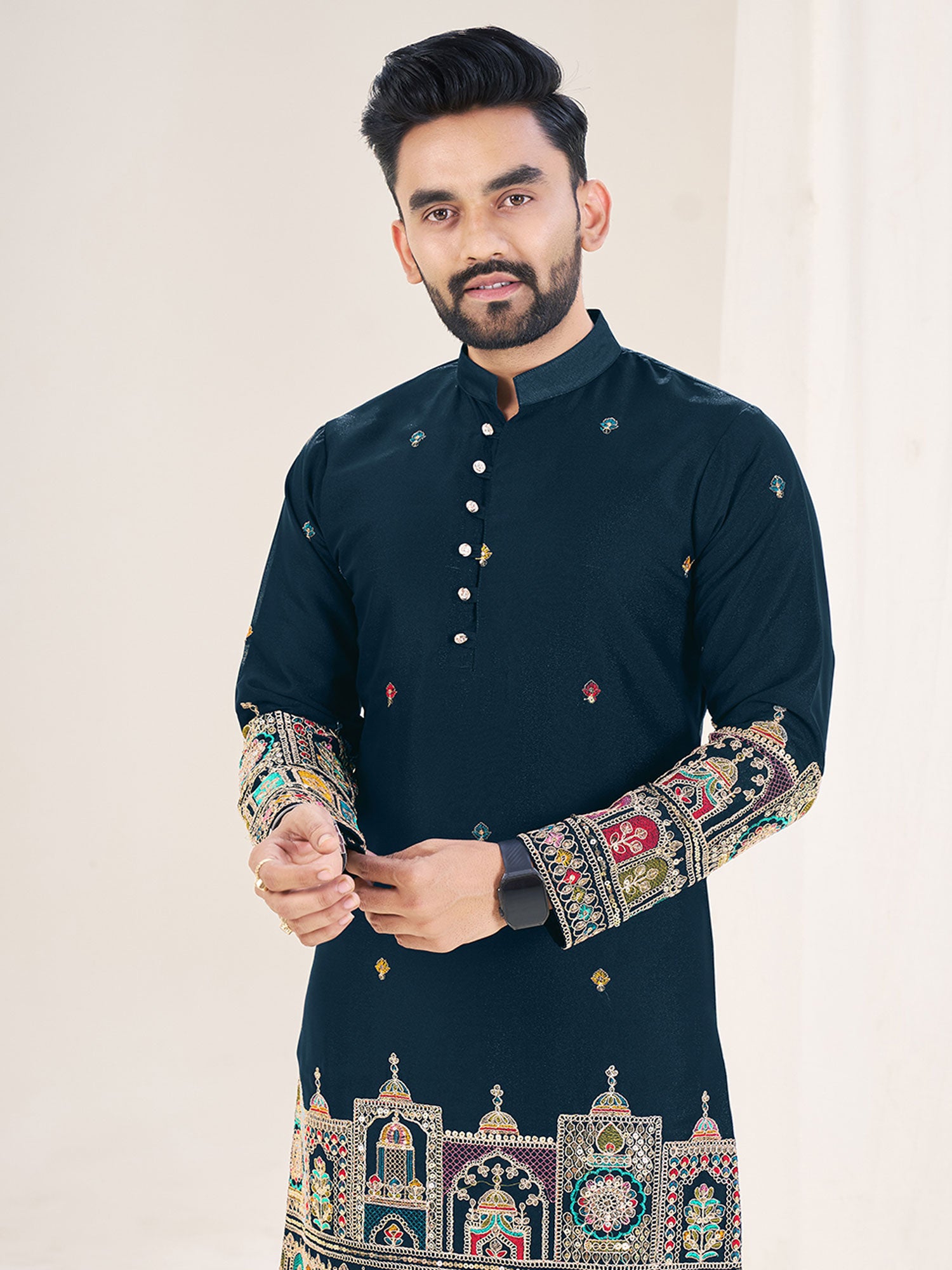 Navy Blue Men's Navratri Kurta Pyjama In Georgette