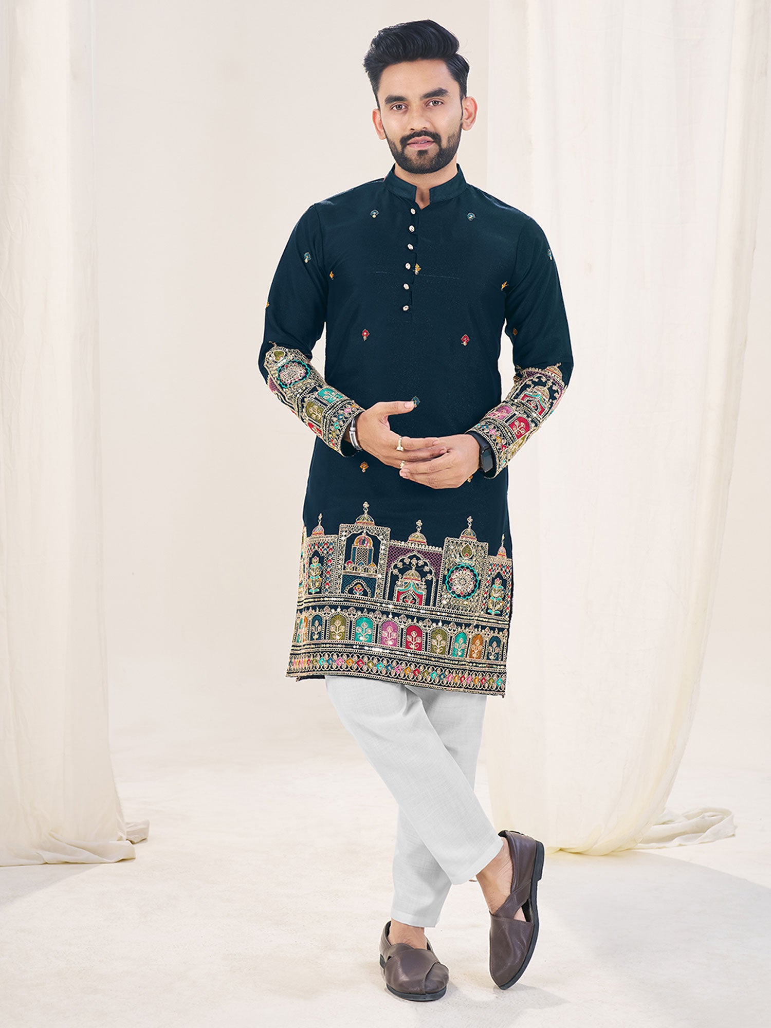 Navy Blue Men's Navratri Kurta Pyjama In Georgette