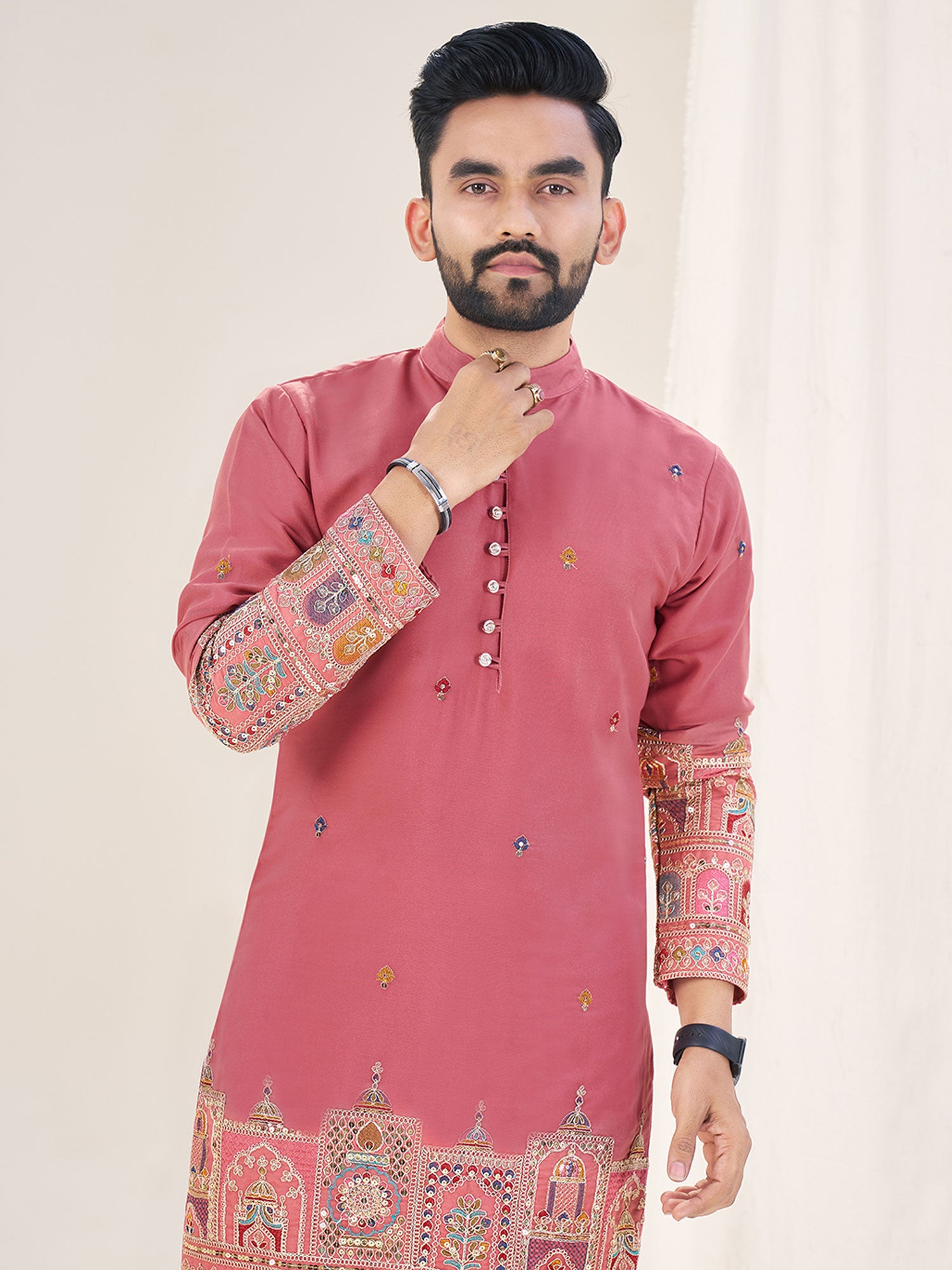 Pink Men's Wear Kurta Set In Zari Embroidery