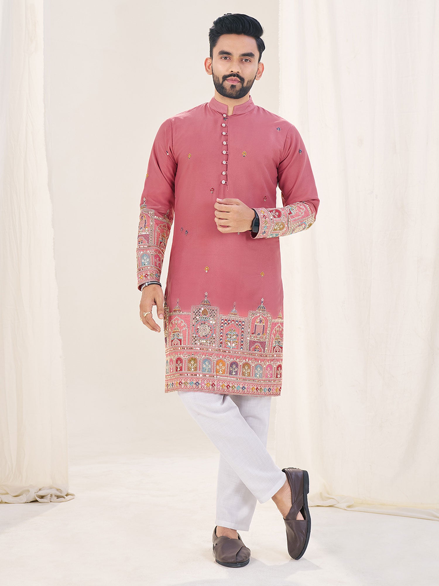 Pink Men's Wear Kurta Set In Zari Embroidery