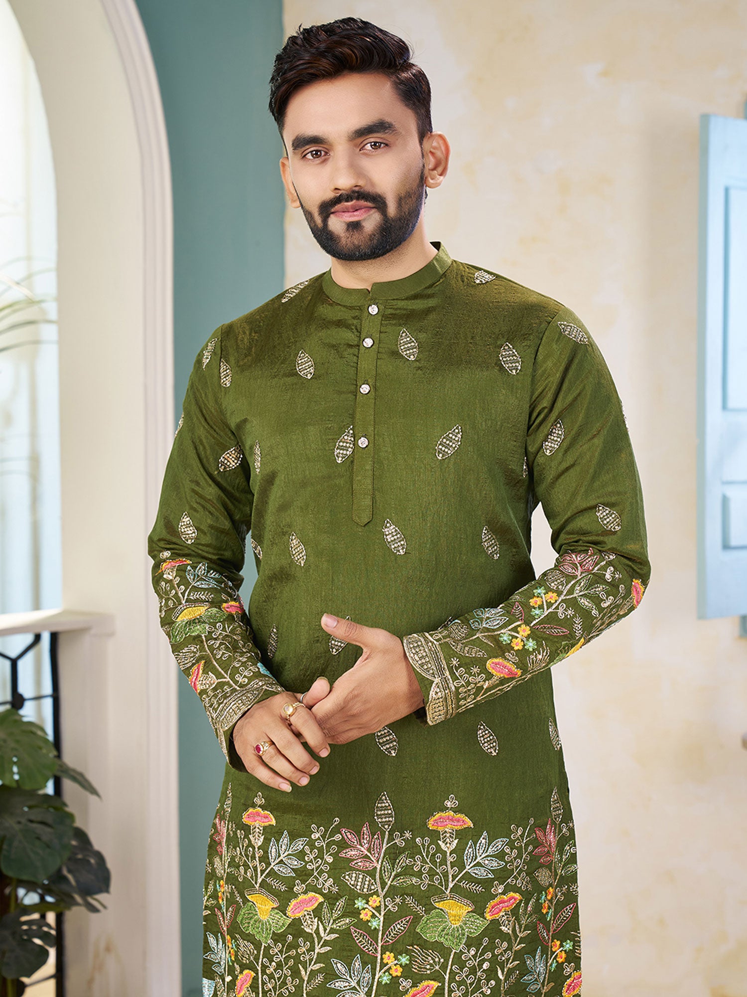 Green Menswear Festive Kurta Pyjama In Silk