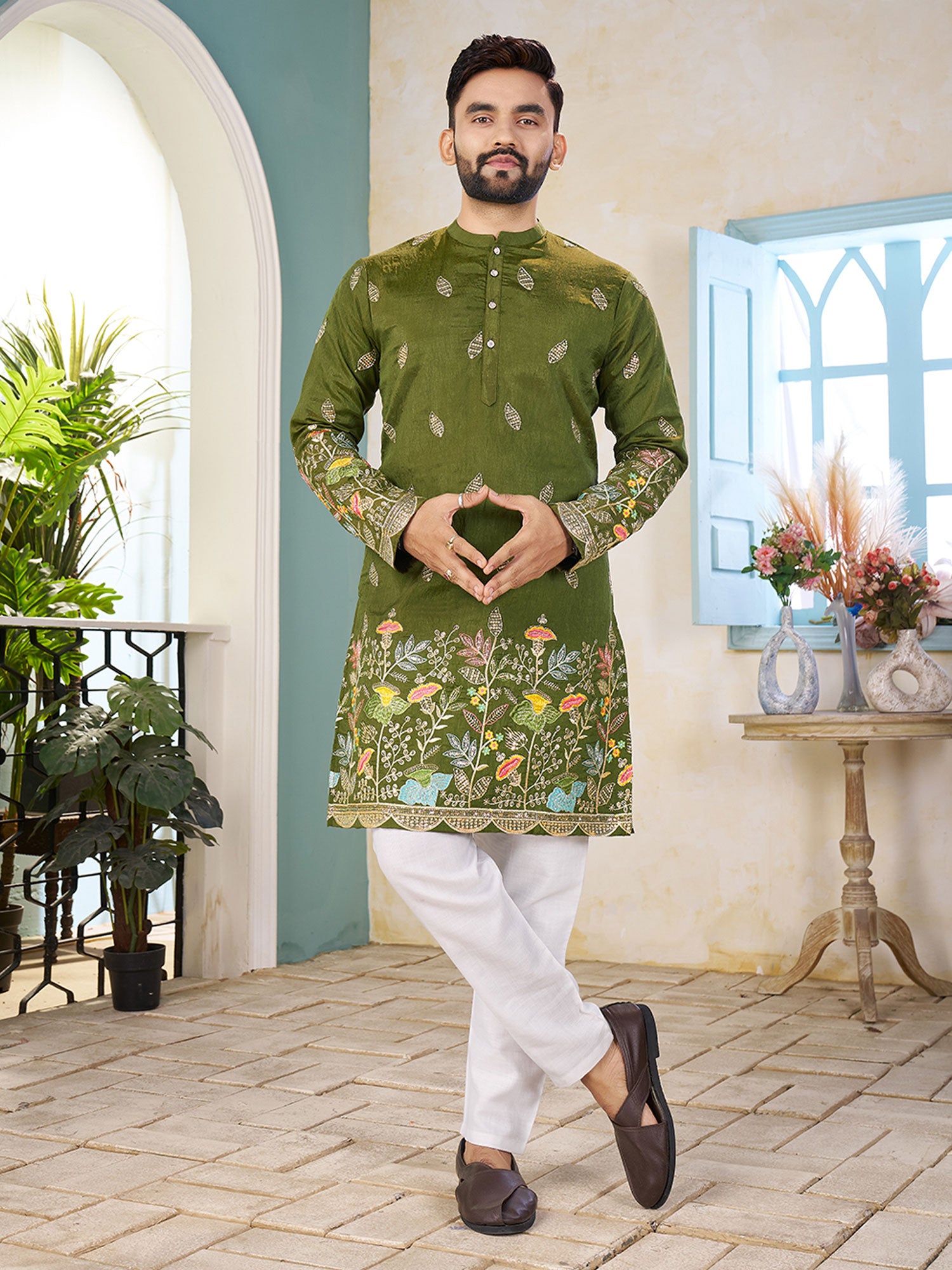 Green Menswear Festive Kurta Pyjama In Silk