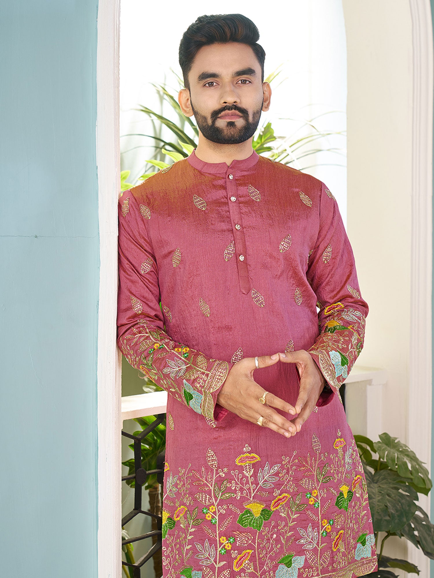 Pink Readymade Silk Kurta Set In Thread Work