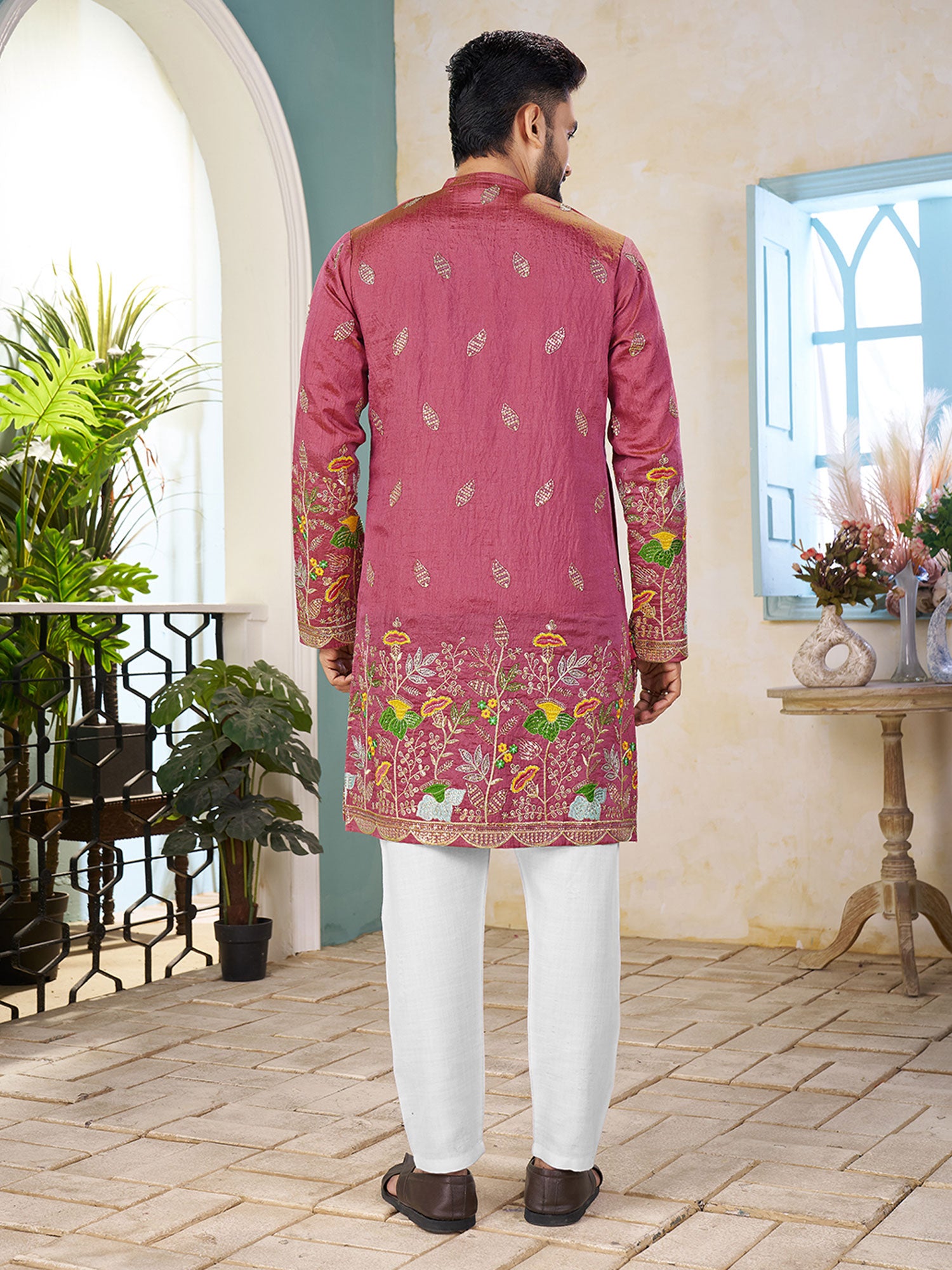 Pink Readymade Silk Kurta Set In Thread Work