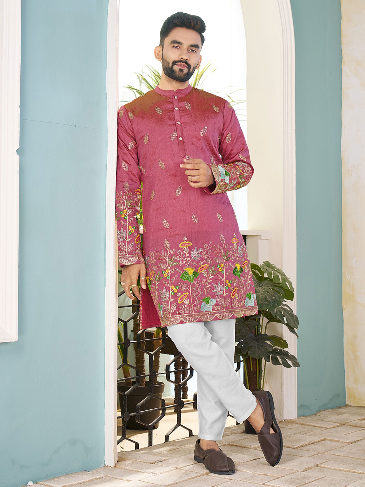 Pink Readymade Silk Kurta Set In Thread Work