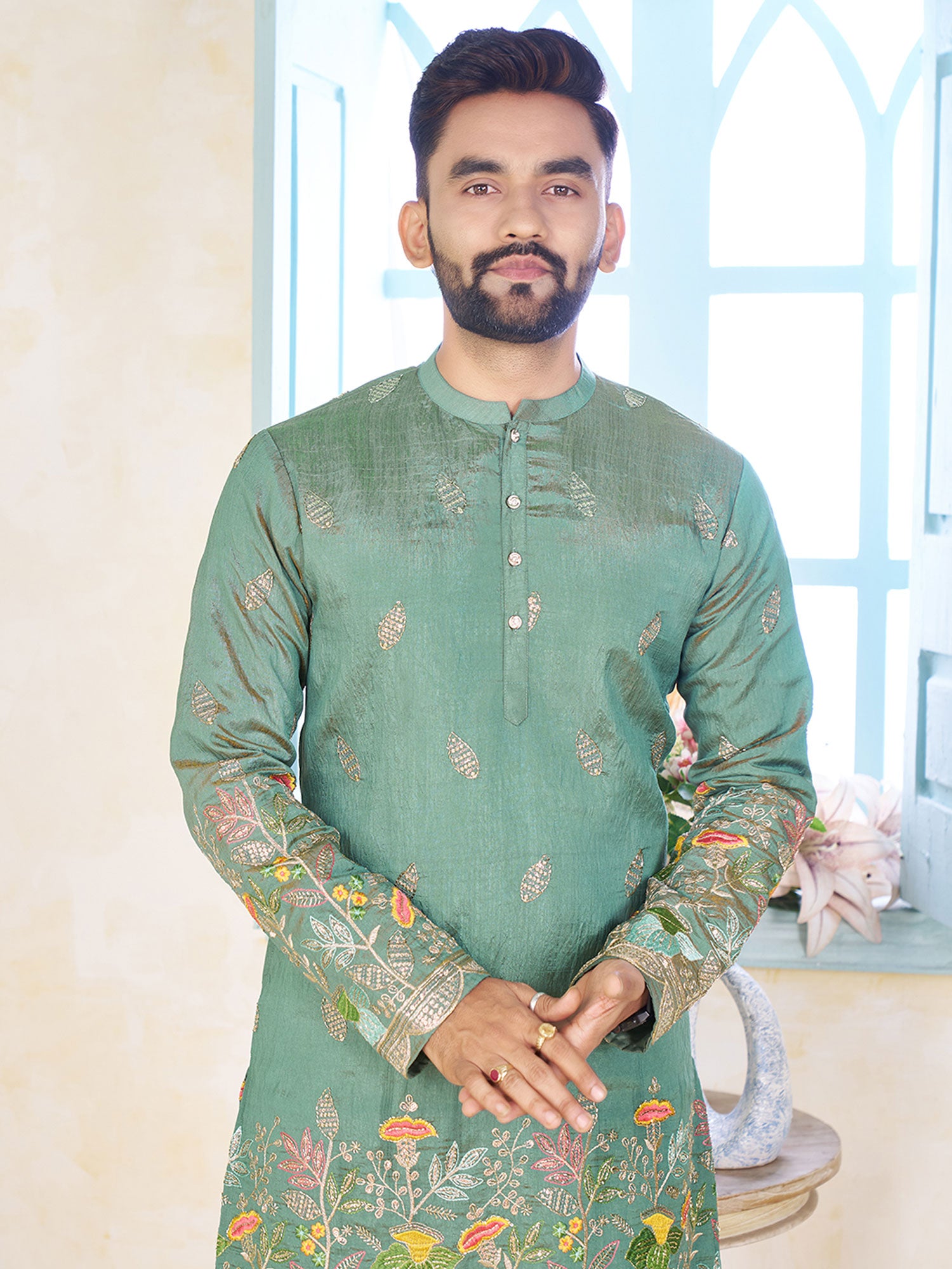 Turquoise Floral Thread Work Kurta Set For Mens