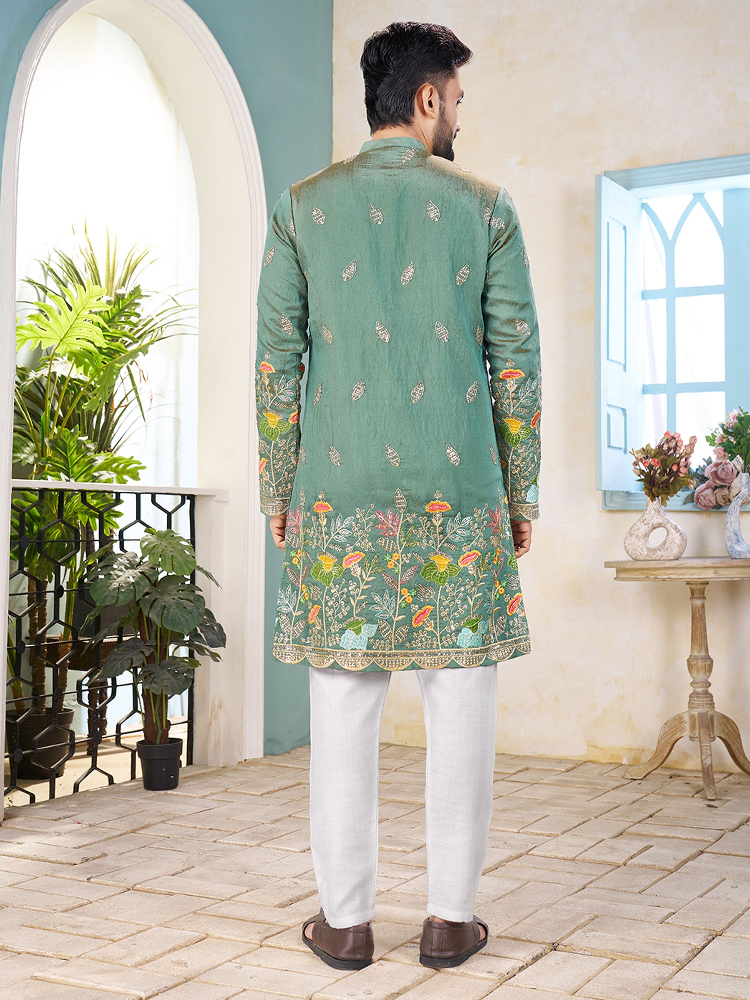 Turquoise Floral Thread Work Kurta Set For Mens