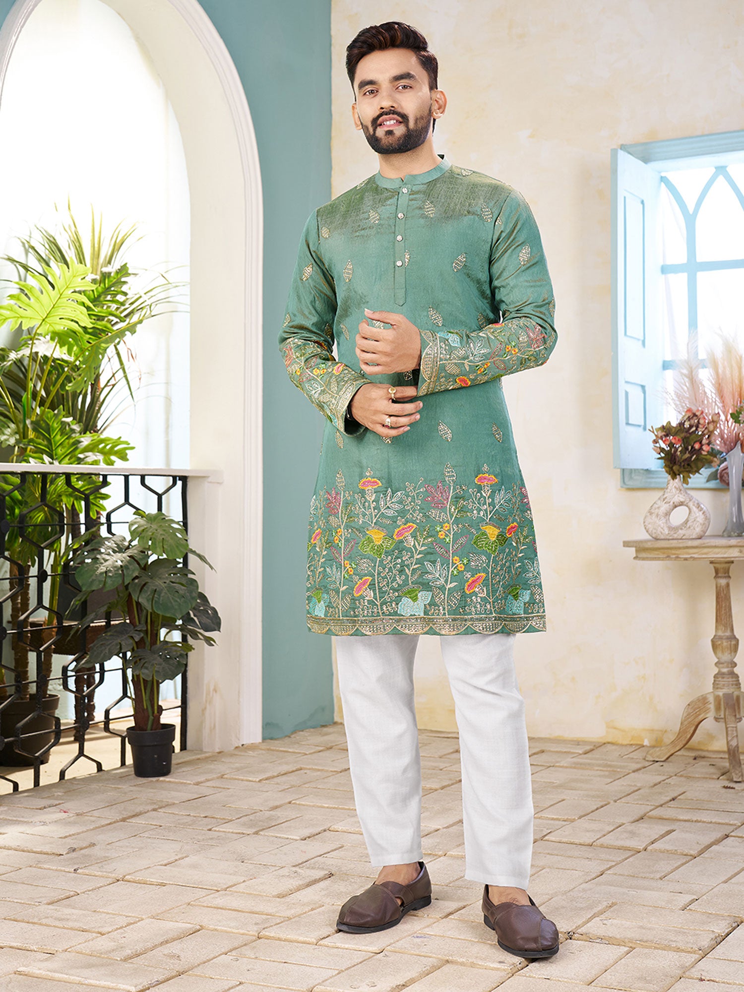 Turquoise Floral Thread Work Kurta Set For Mens