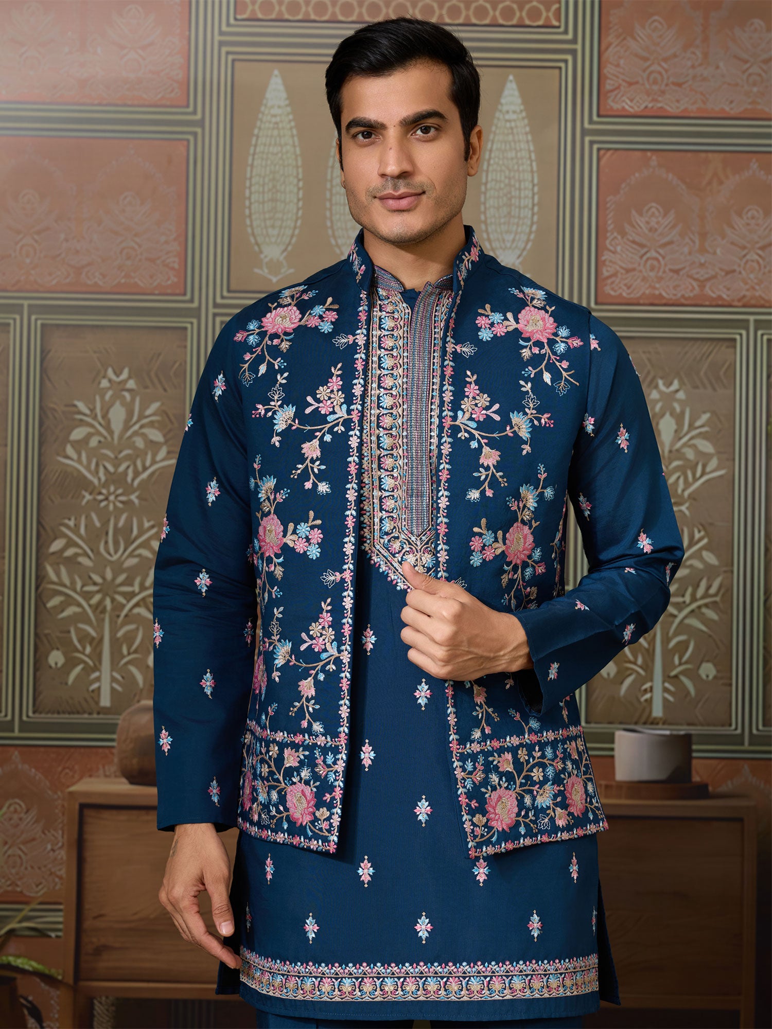 Blue Menswear Navratri Kurta Pyjama In Viscose Silk