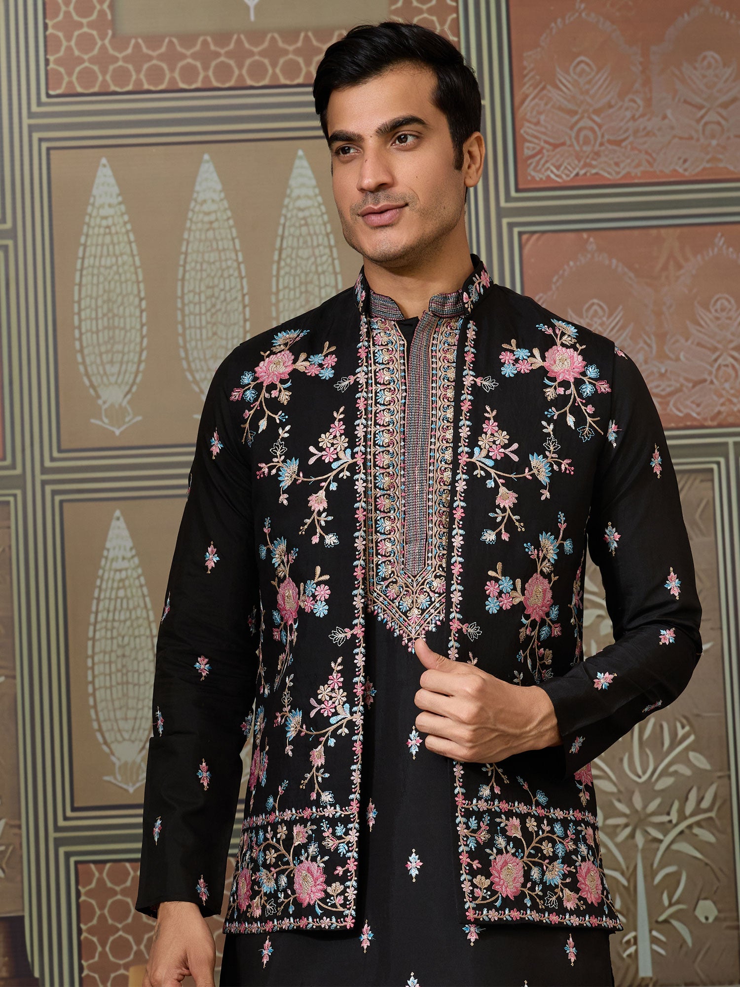 Black Readymade Kurta Set With Jacket In Silk
