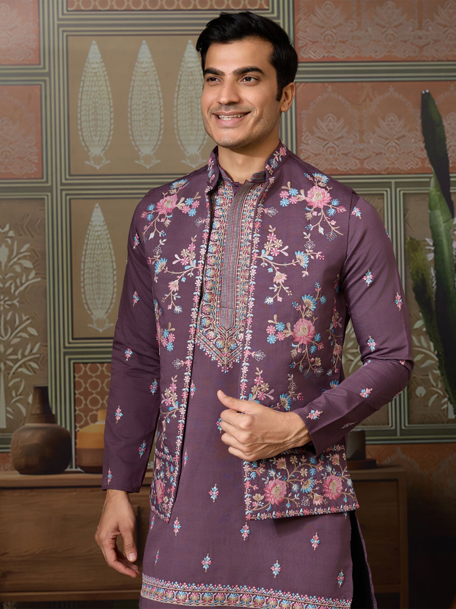 Dusty Purple Navratri Silk Kurta Set With Jacket