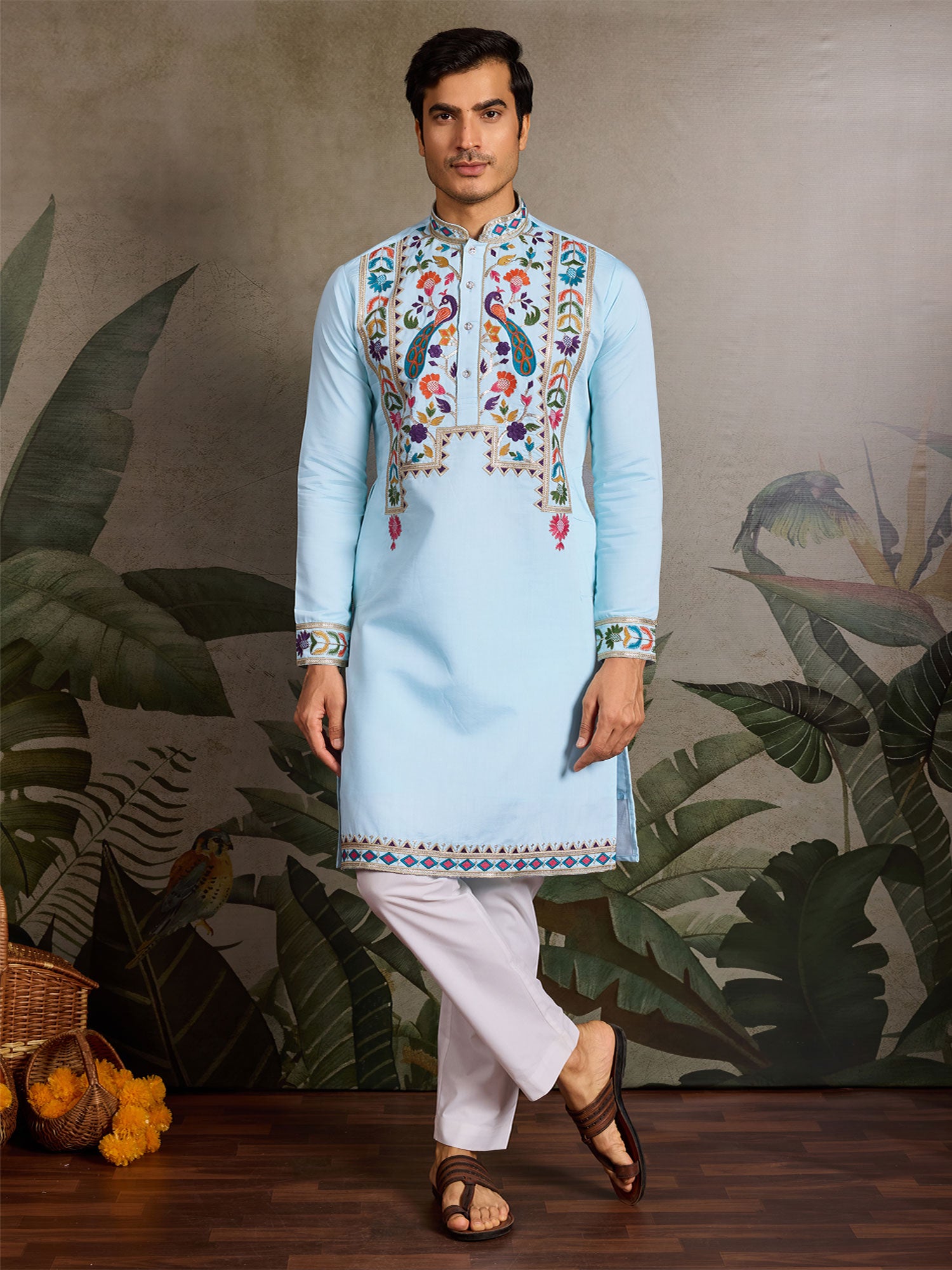 Sky Blue Sequins Enhanced Festive Kurta Pyjama