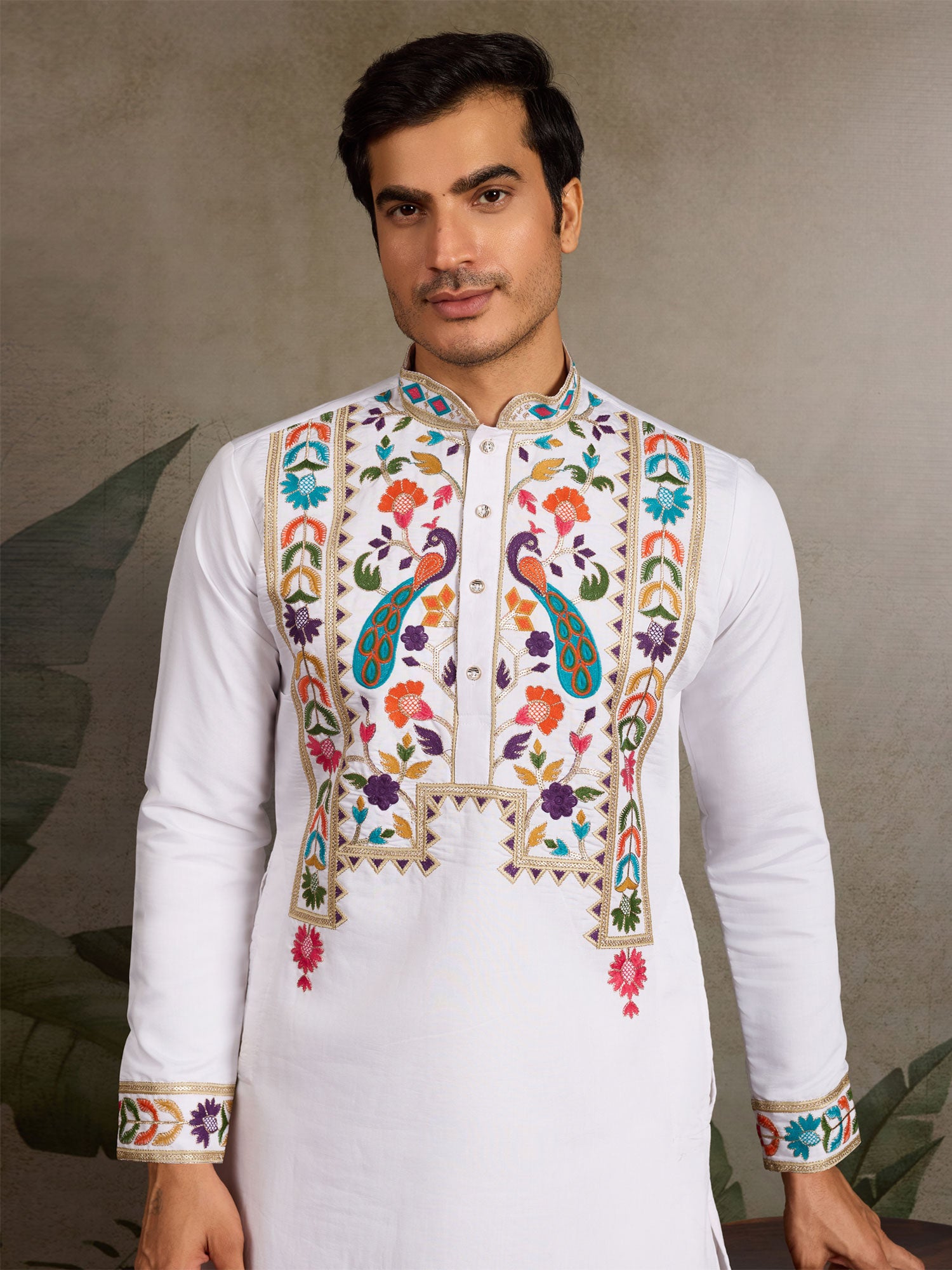 White Silk Kurta Pyjama In Thread Embroidery