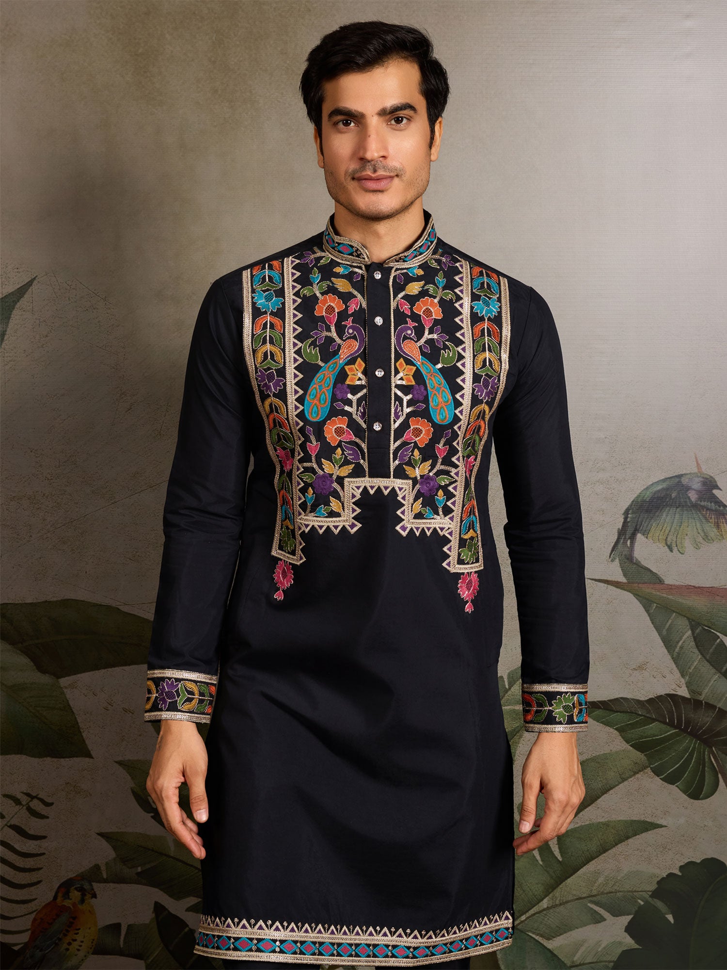 Black Menswear Navratri Kurta Set In Viscose Silk