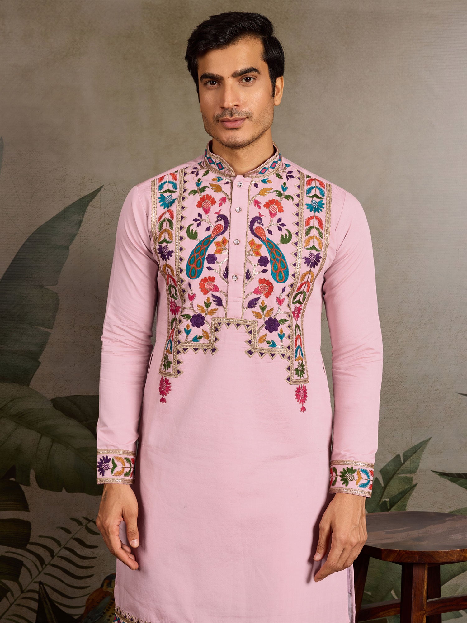 Light Pink Embroidered Men's Navratri Kurta Pyjama