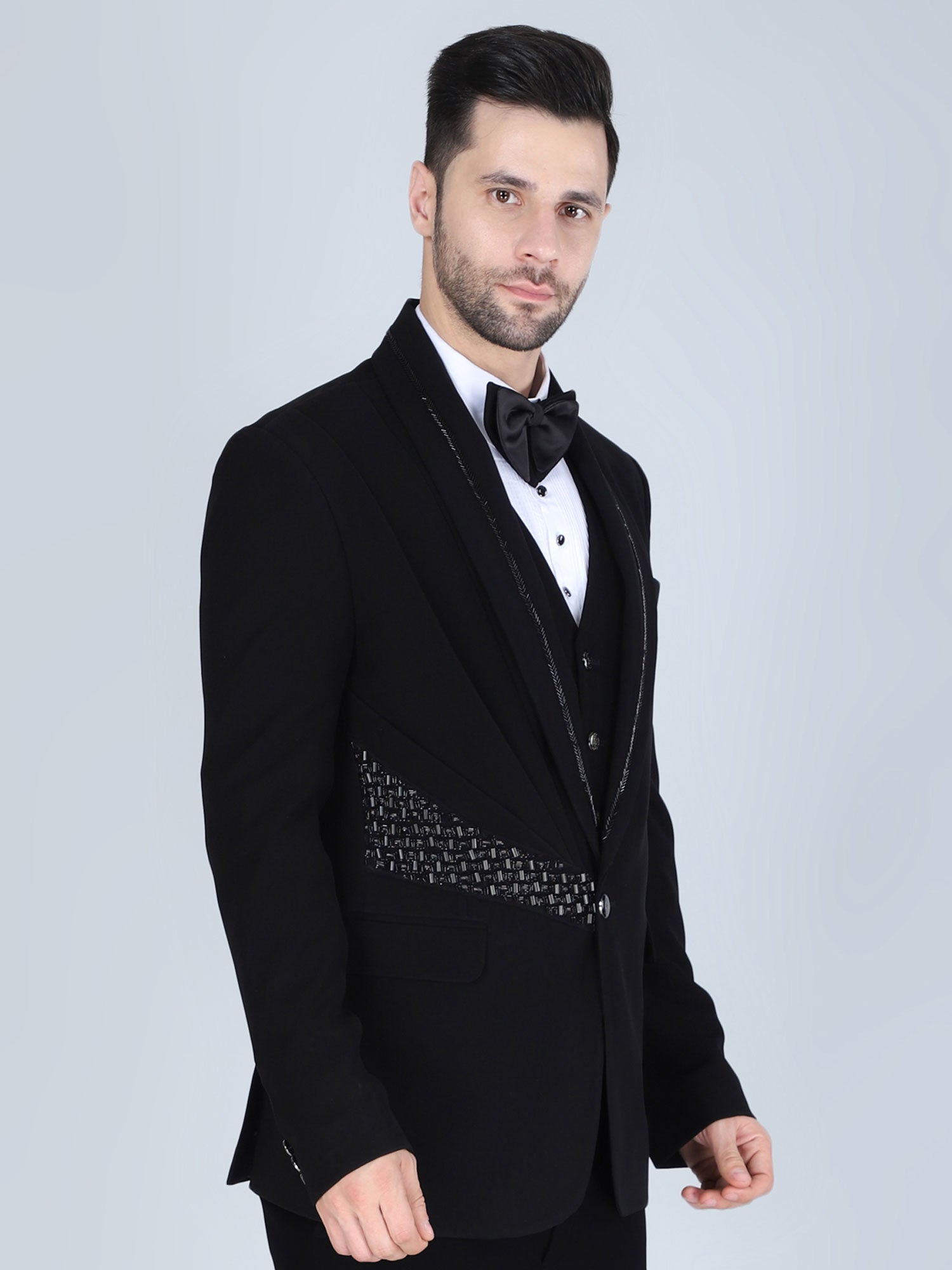 Black Stylish Three Piece Tuxedo In Cotton