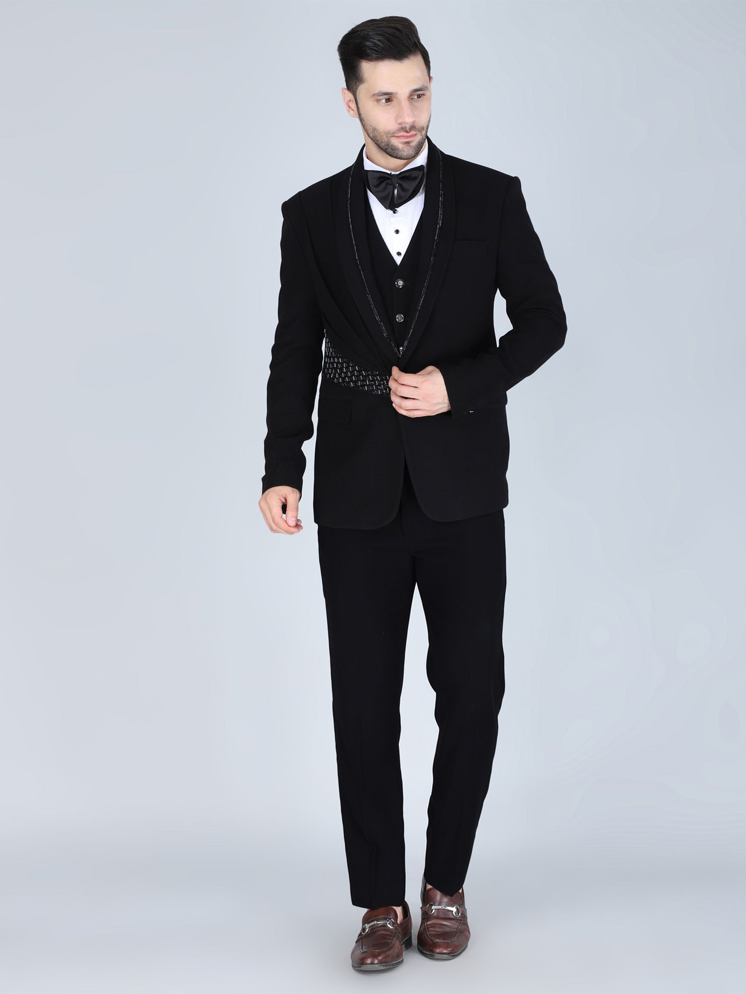 Black Stylish Three Piece Tuxedo In Cotton