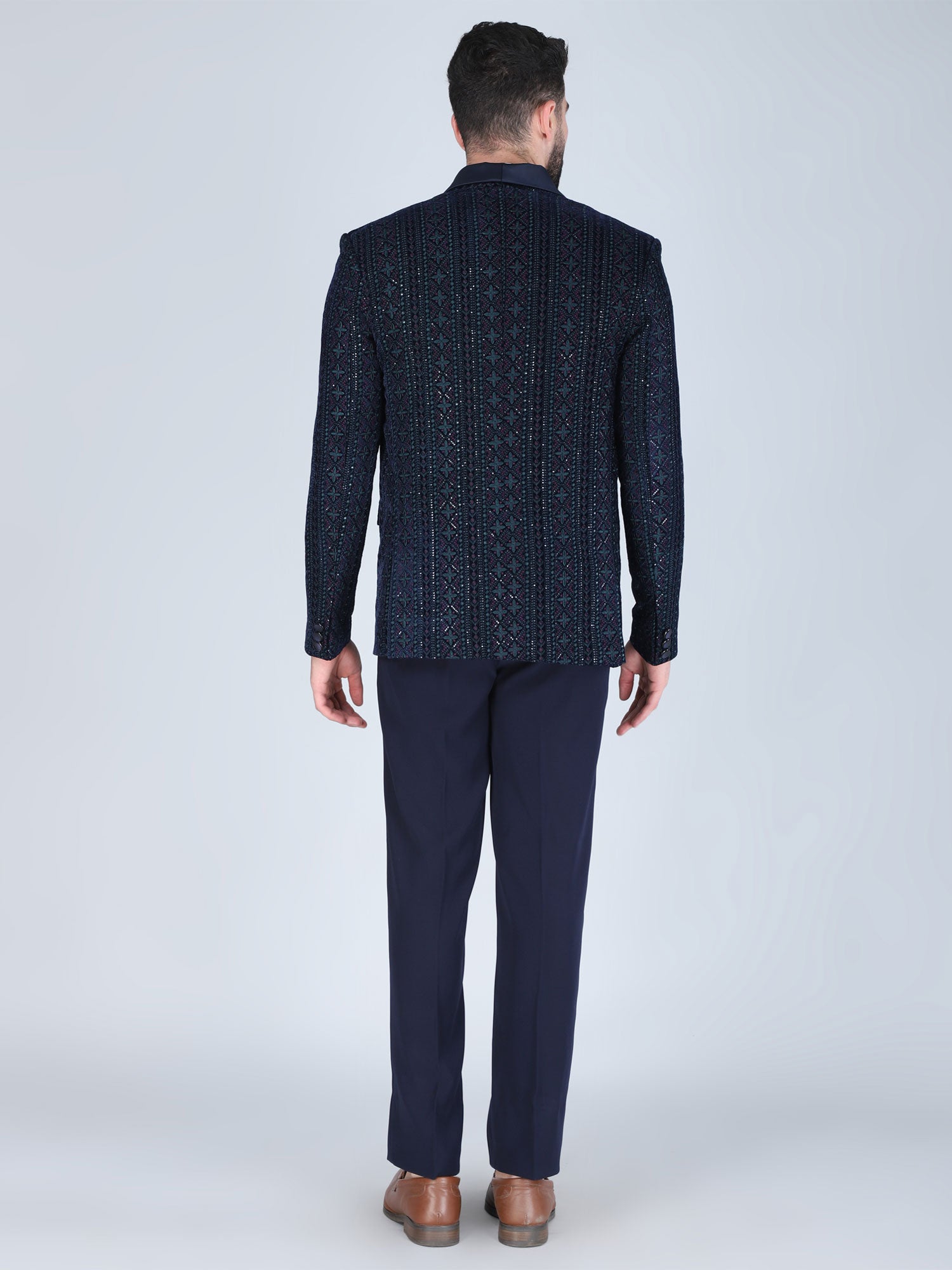 Navy Blue Men's Velvet Tuxedo In Heavy Embroidery