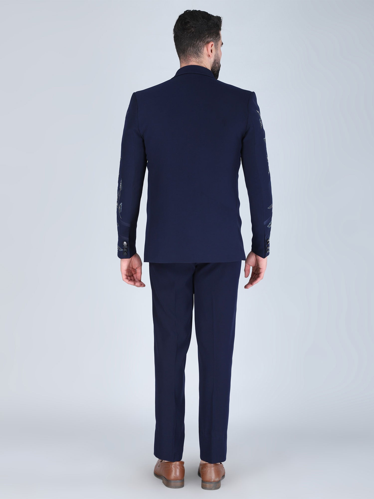 Navy Blue Designer Tuxedo Set In Hand Embellishment
