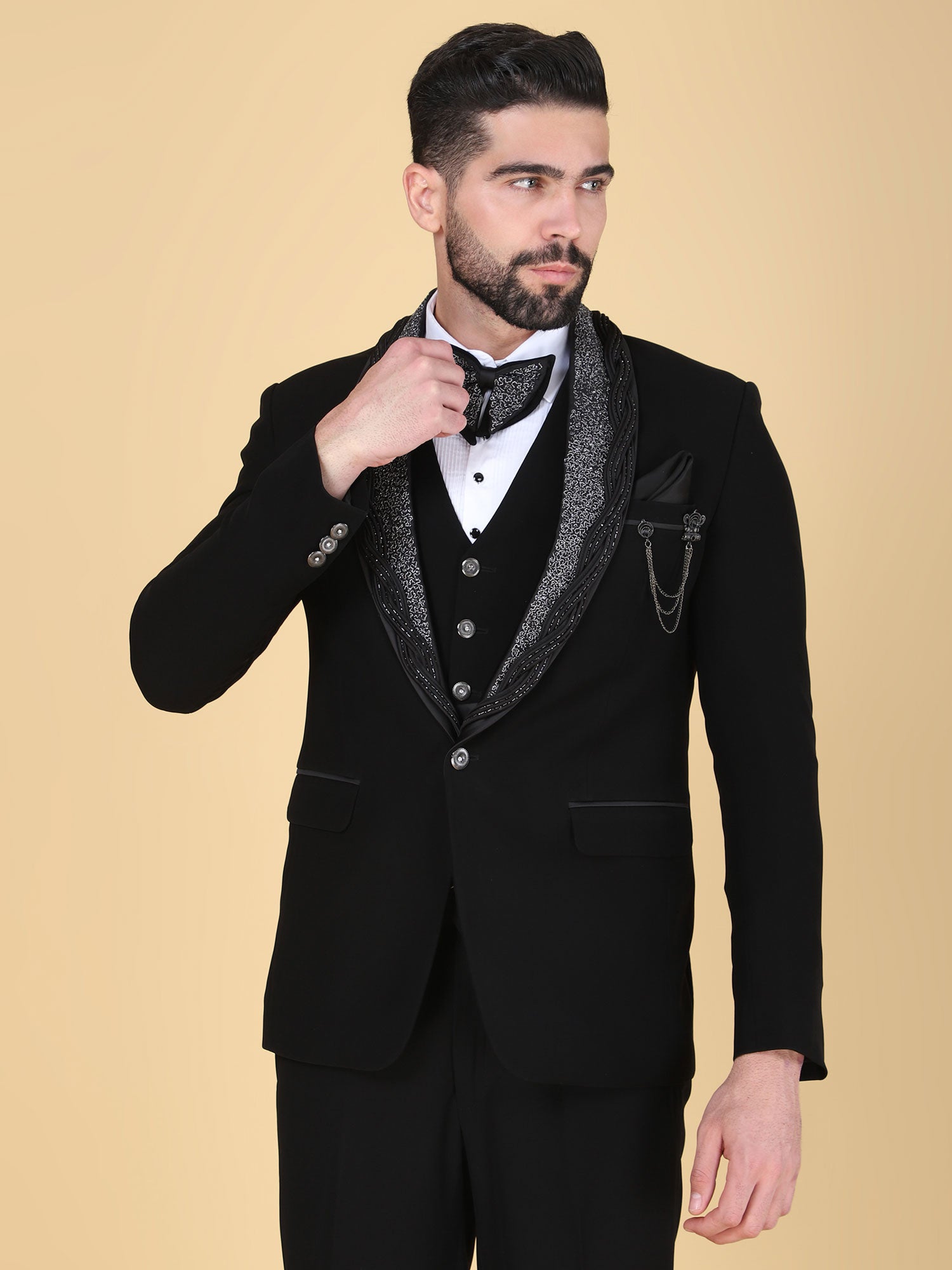 Black Three Piece Suit In Hand Work Embroidery