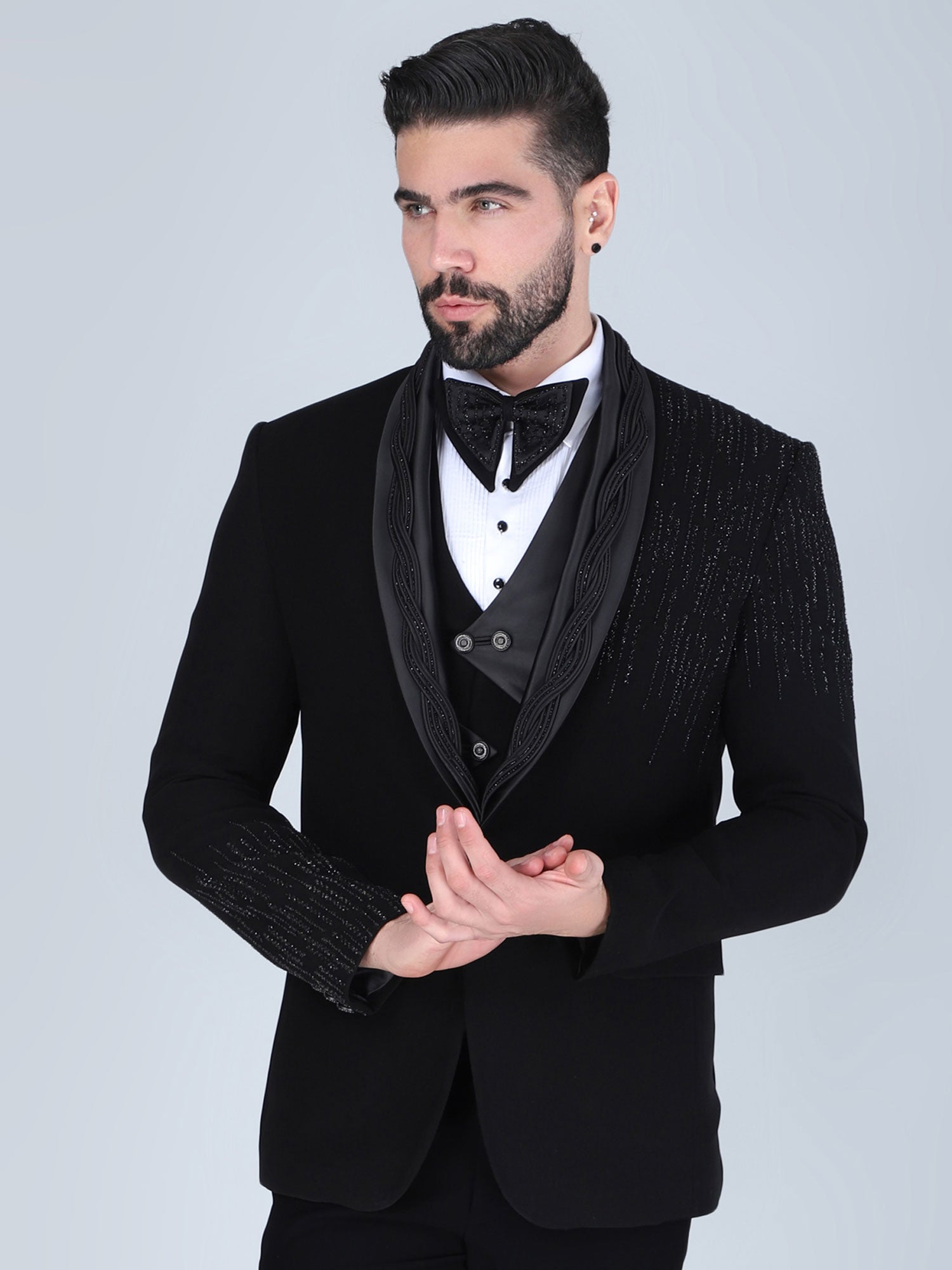 Black Embroidered Designer Three Piece Suit