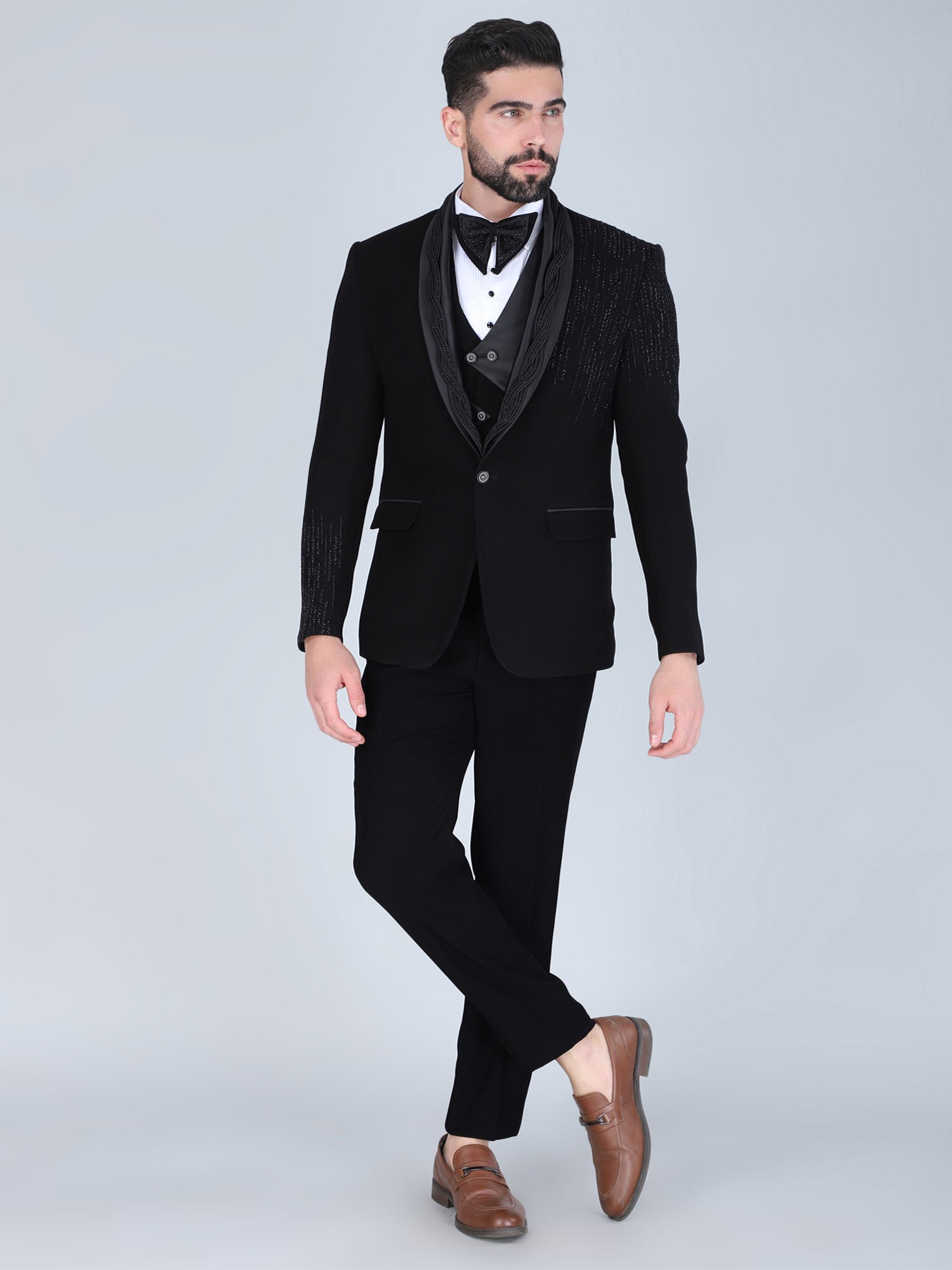 Black Embroidered Designer Three Piece Suit