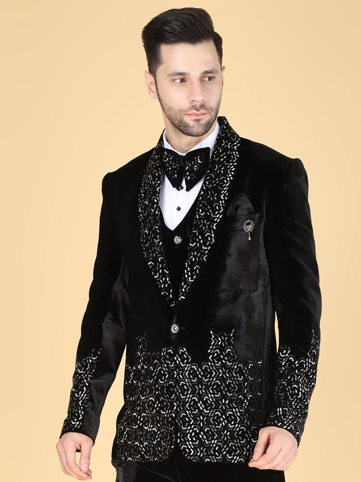 Black Heavy Embroidered Tuxedo Suit For Mens