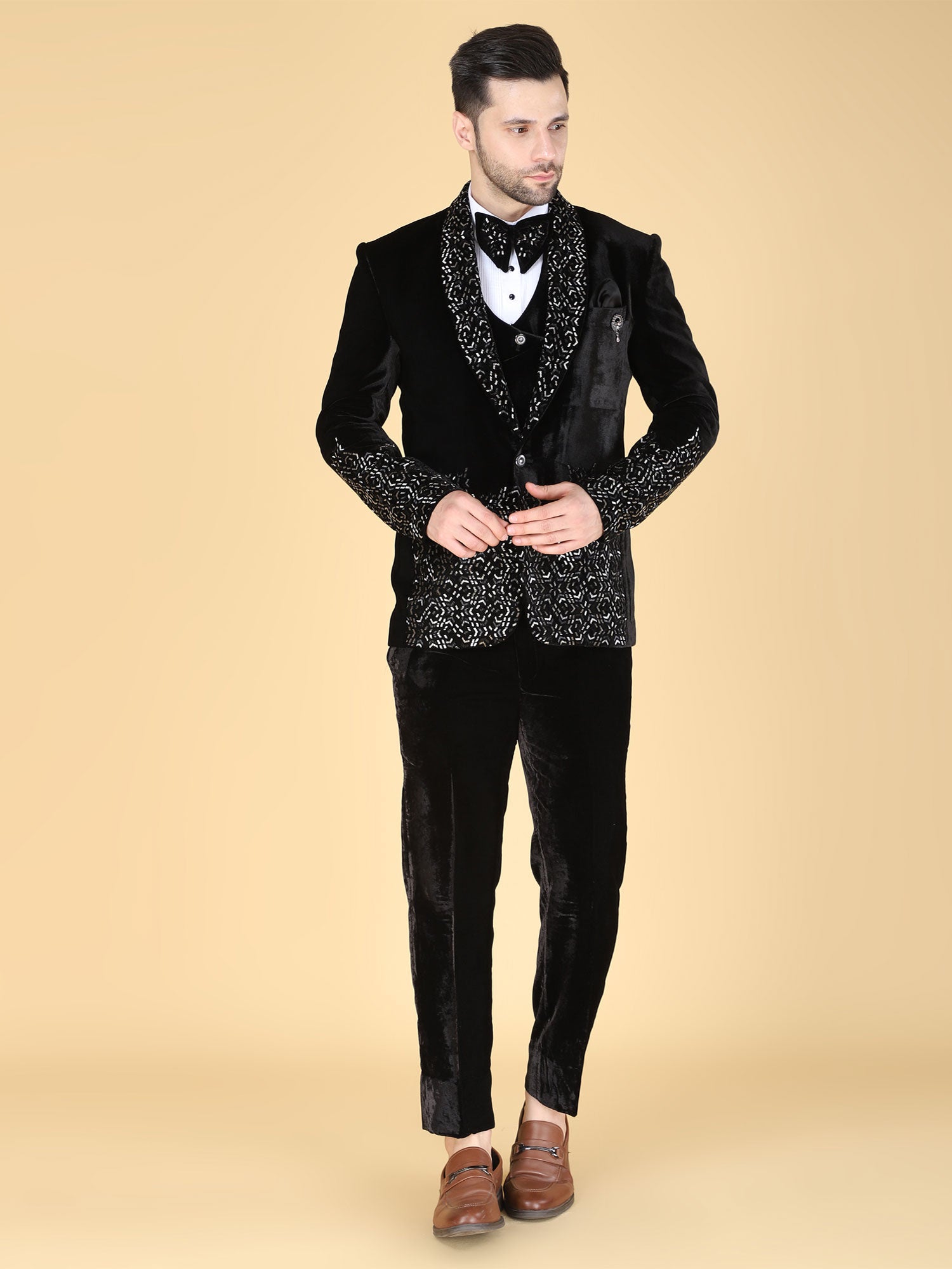 Black Heavy Embroidered Tuxedo Suit For Mens