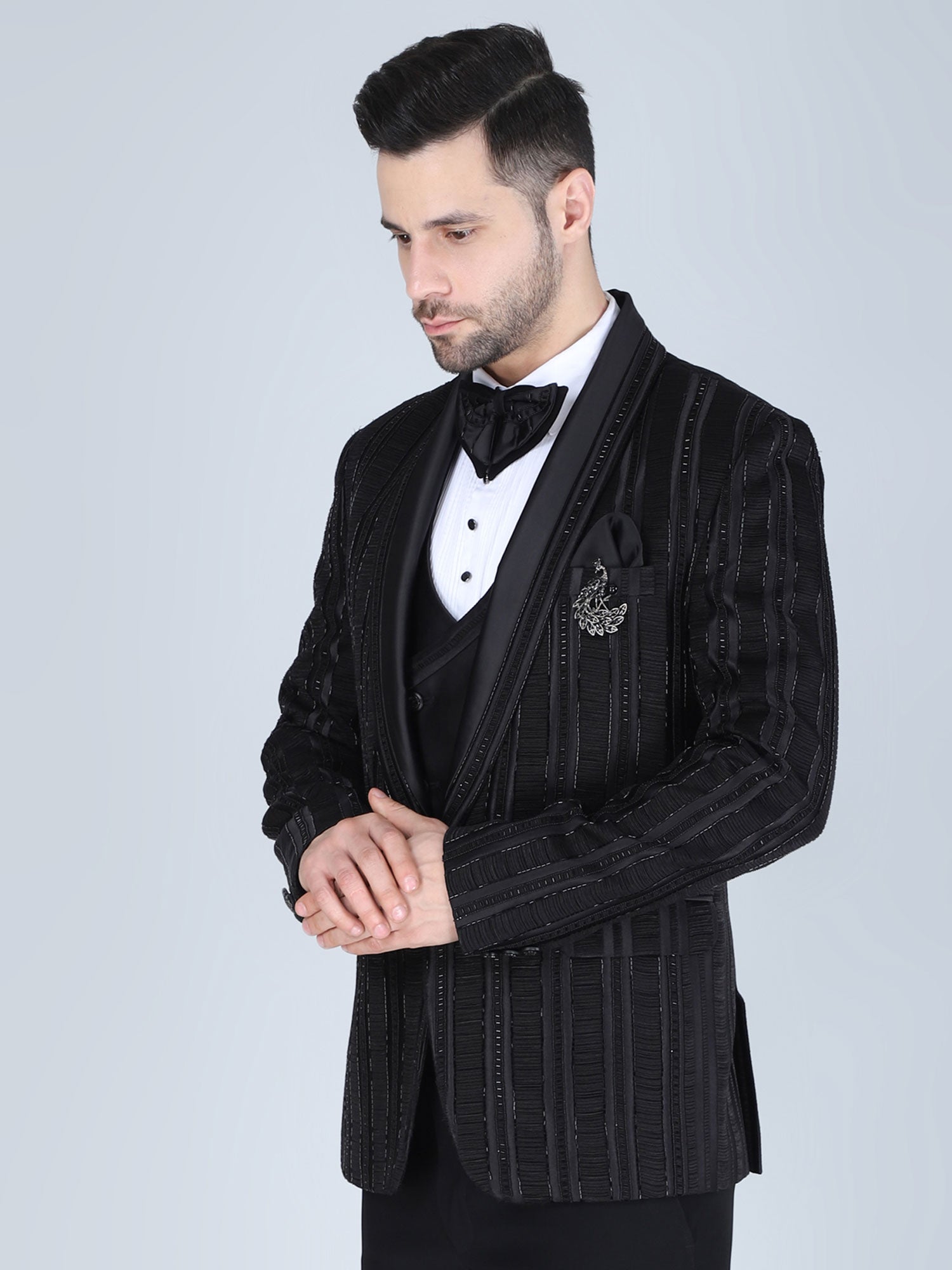 Black Hand Work Cocktail Wear Three Piece Suit