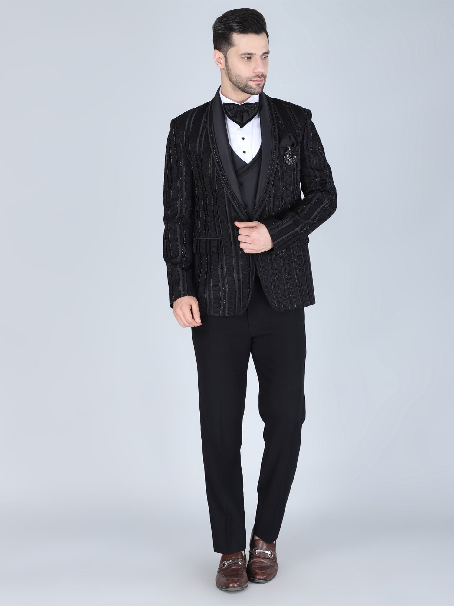 Black Hand Work Cocktail Wear Three Piece Suit