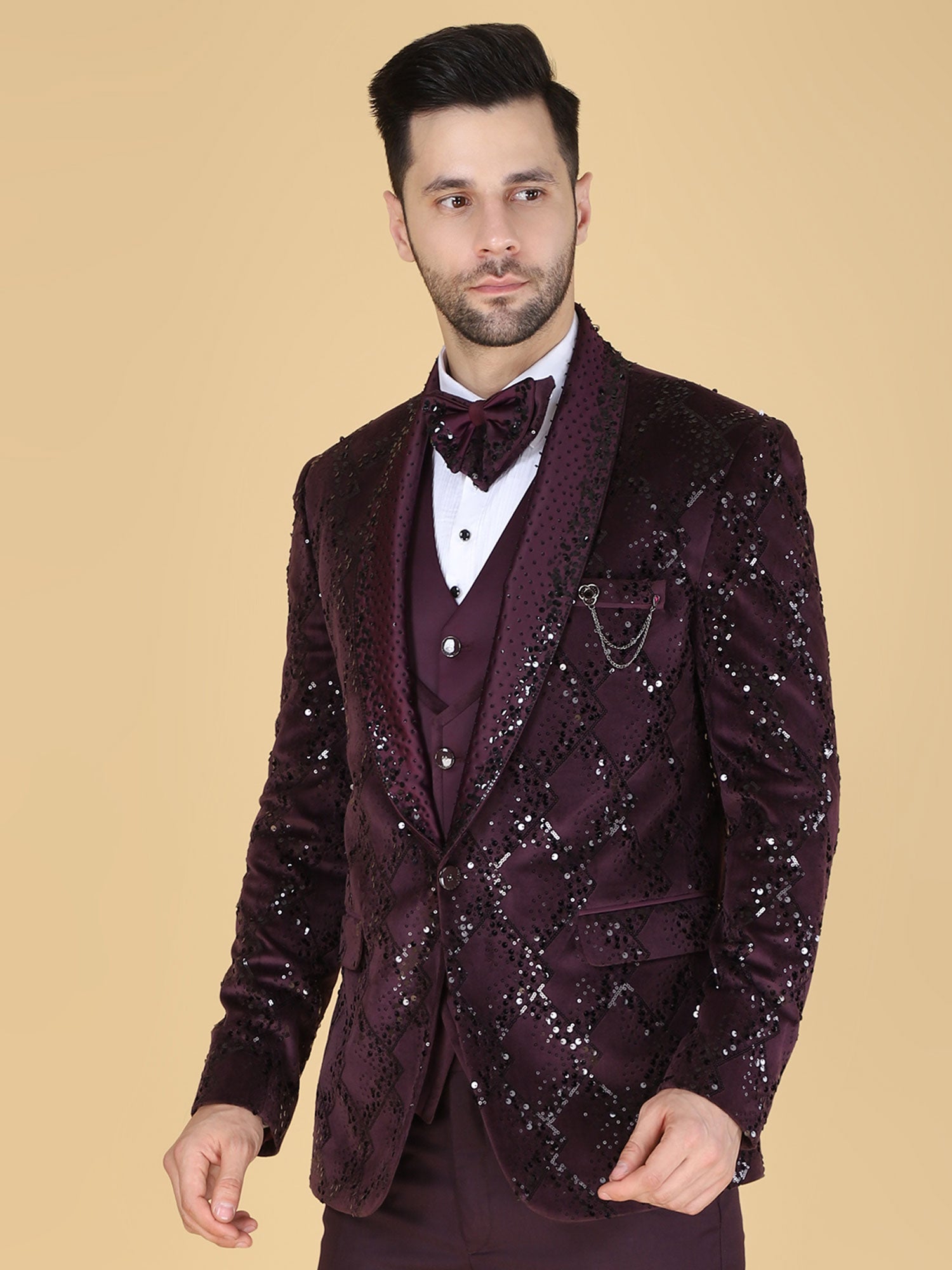 Wine Sequins Work Augmented Men's Tuxedo Suit