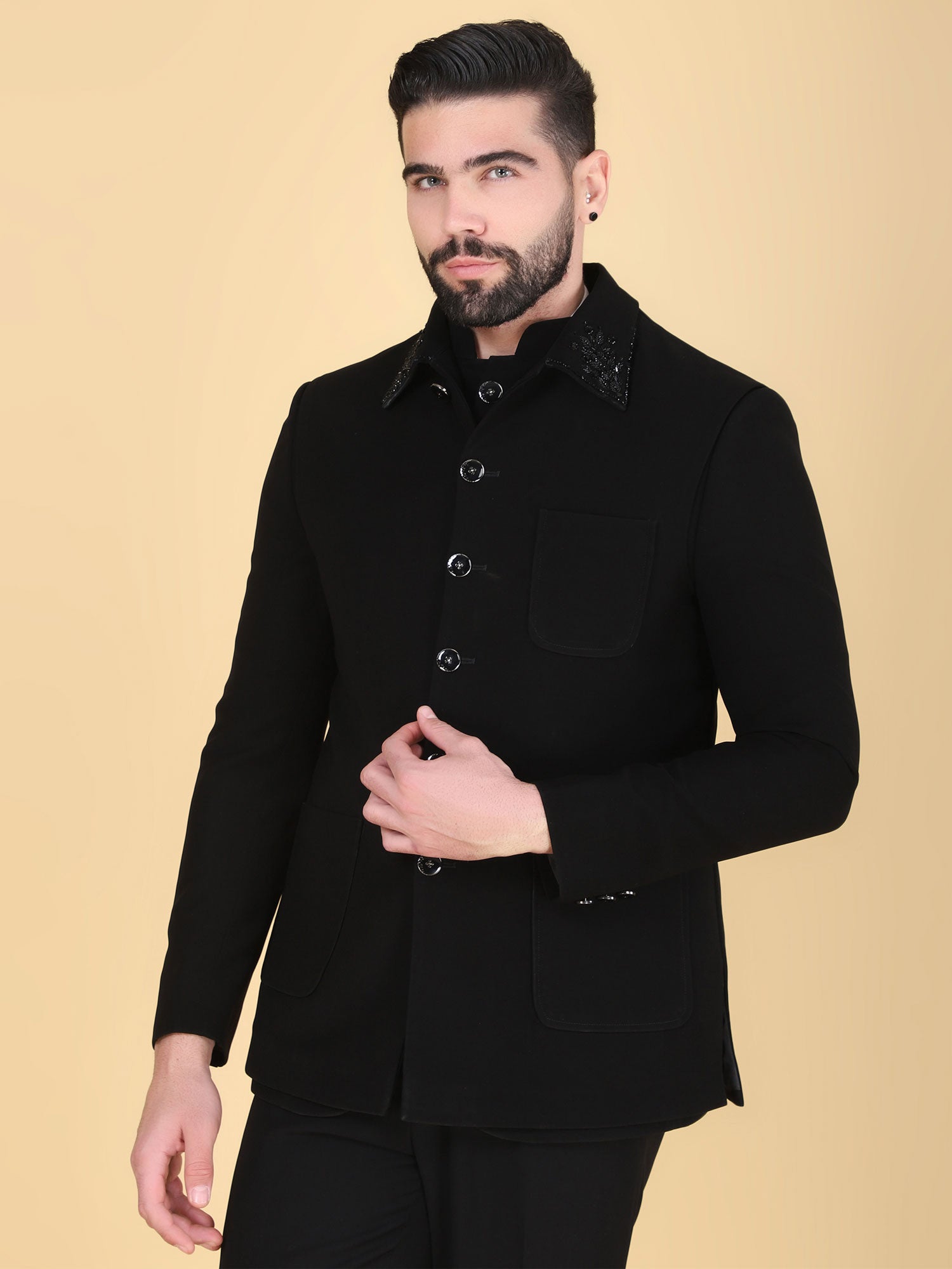 Black Stylish Men's Bandhgala Suit In Cotton