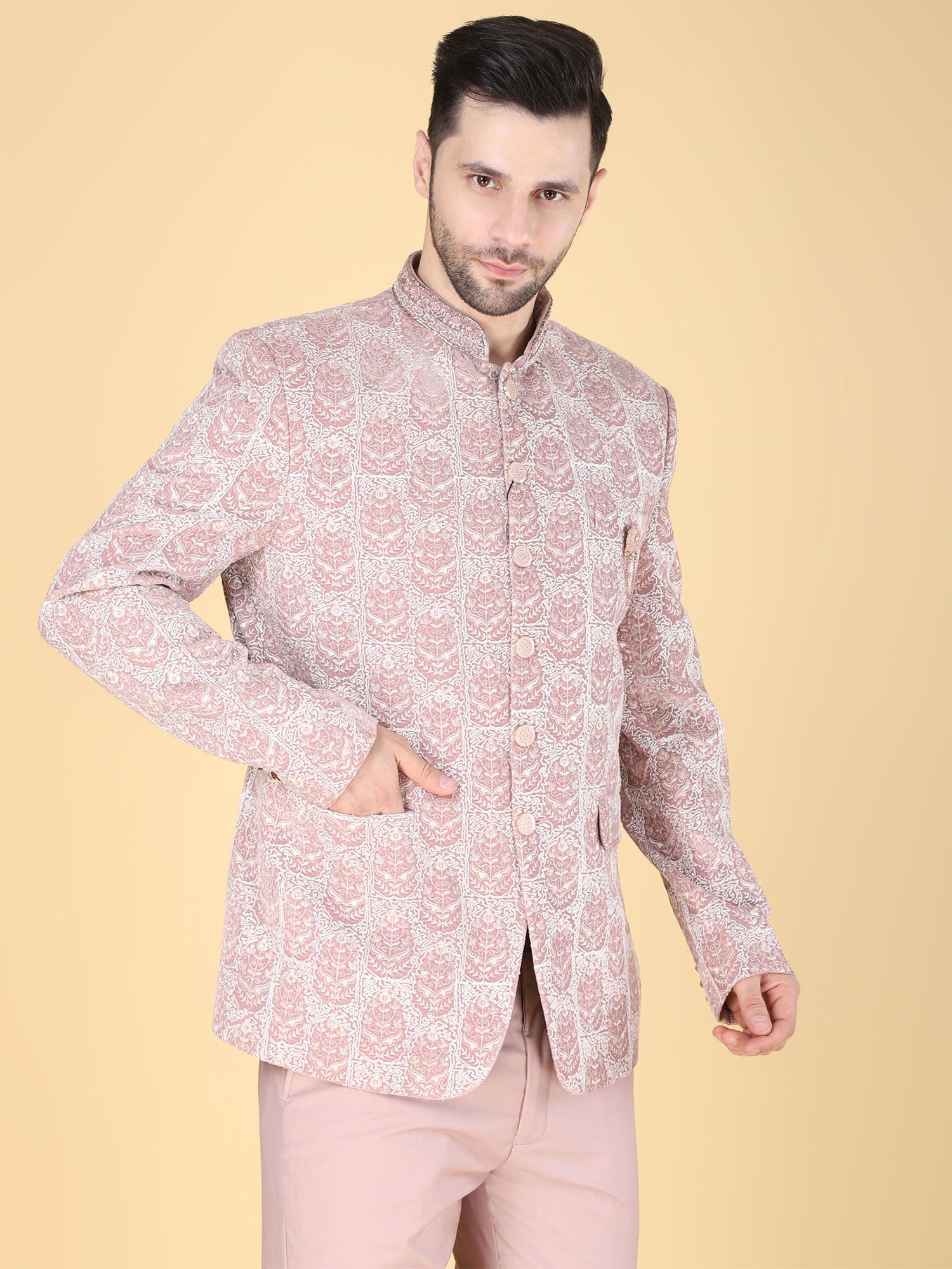 Light Pink Floral Thread Work Mandarin Suit