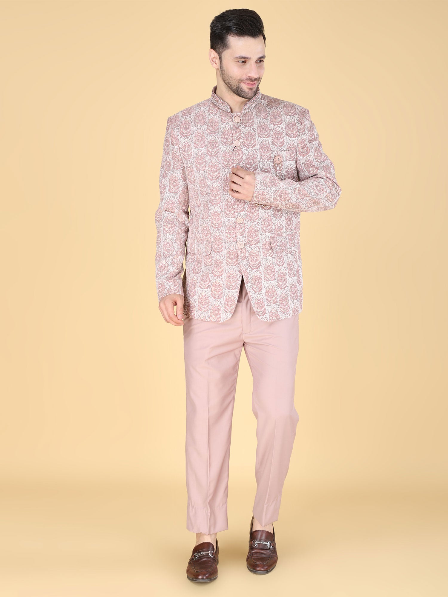 Light Pink Floral Thread Work Mandarin Suit