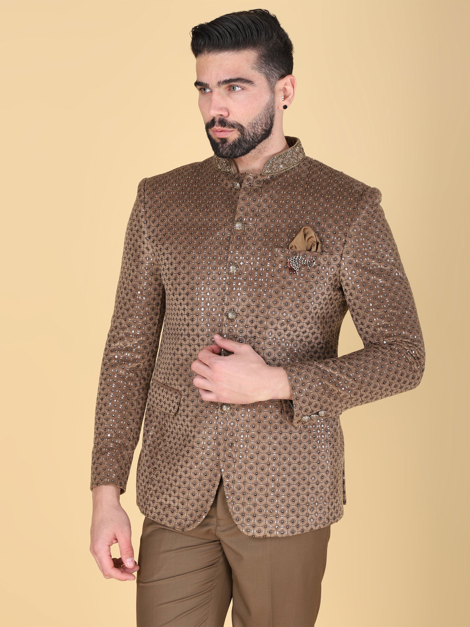Brown Sequins Work Augmented Jodhpuri Set