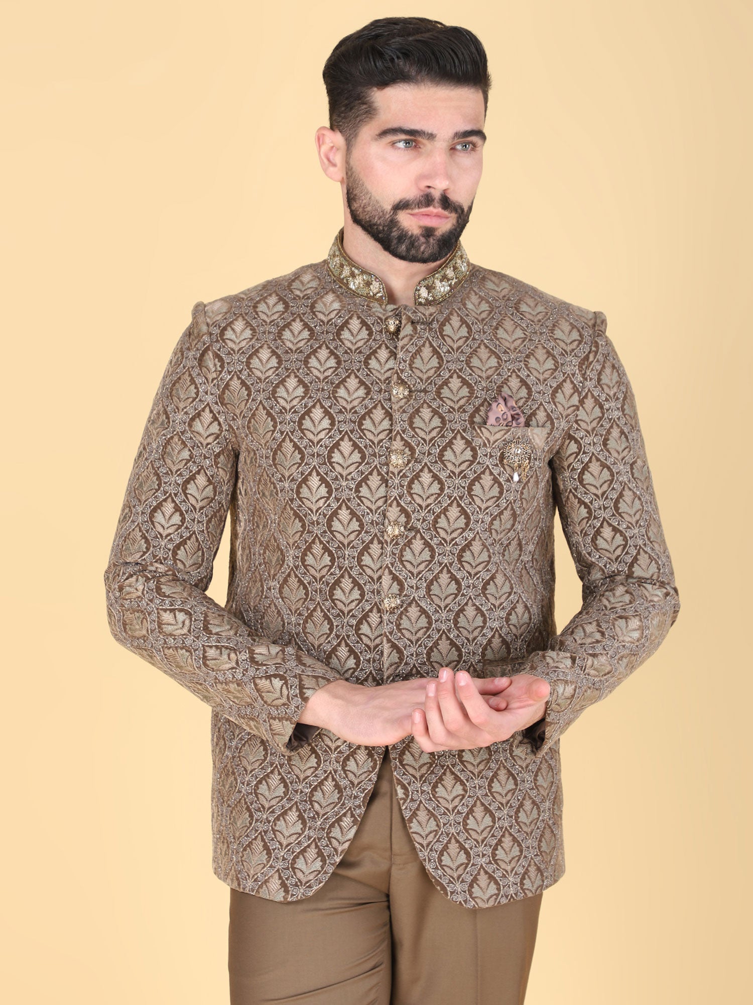 Brown Heavy Embroidered Wedding Bandhgala Suit