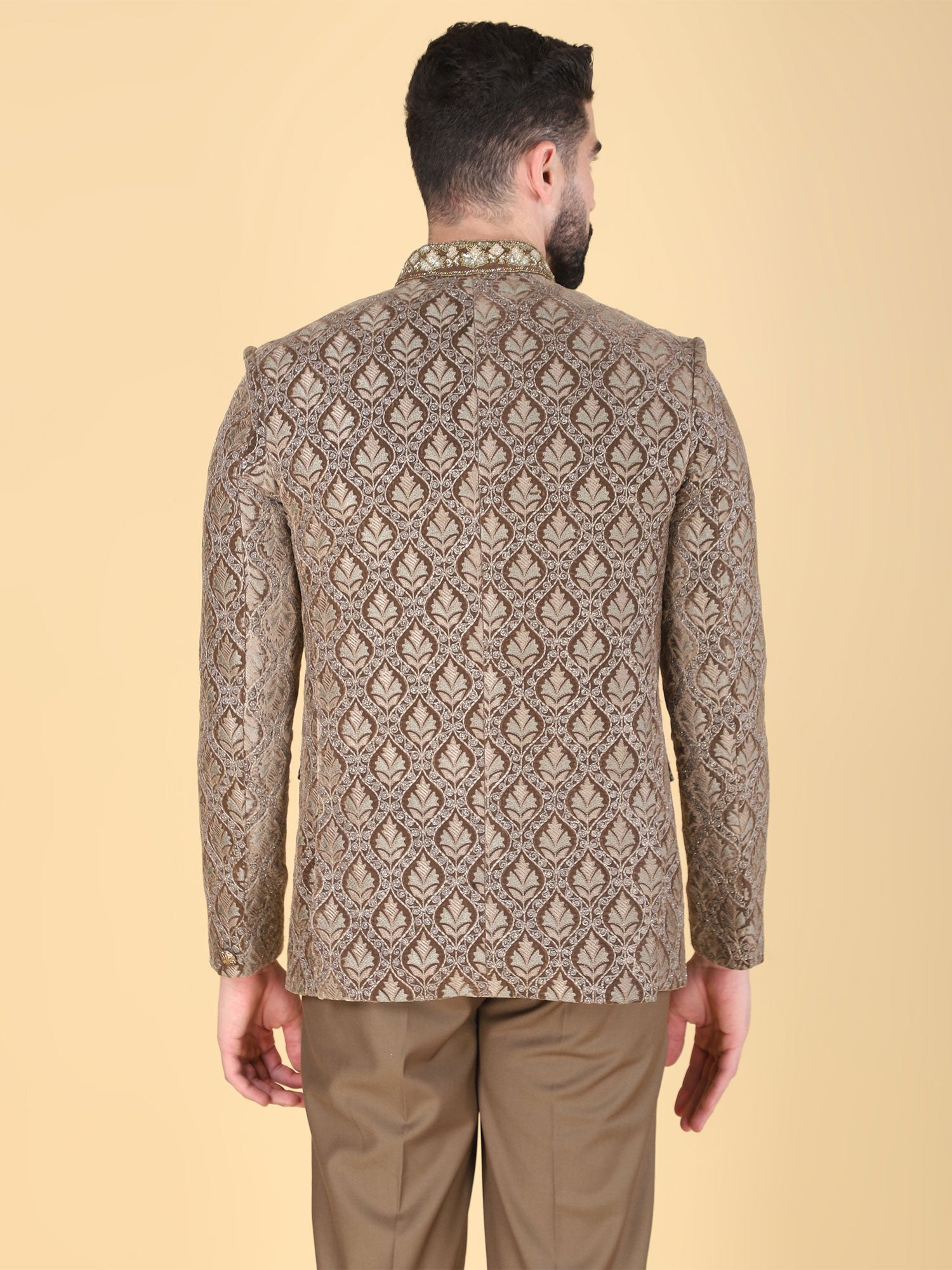 Brown Heavy Embroidered Wedding Bandhgala Suit