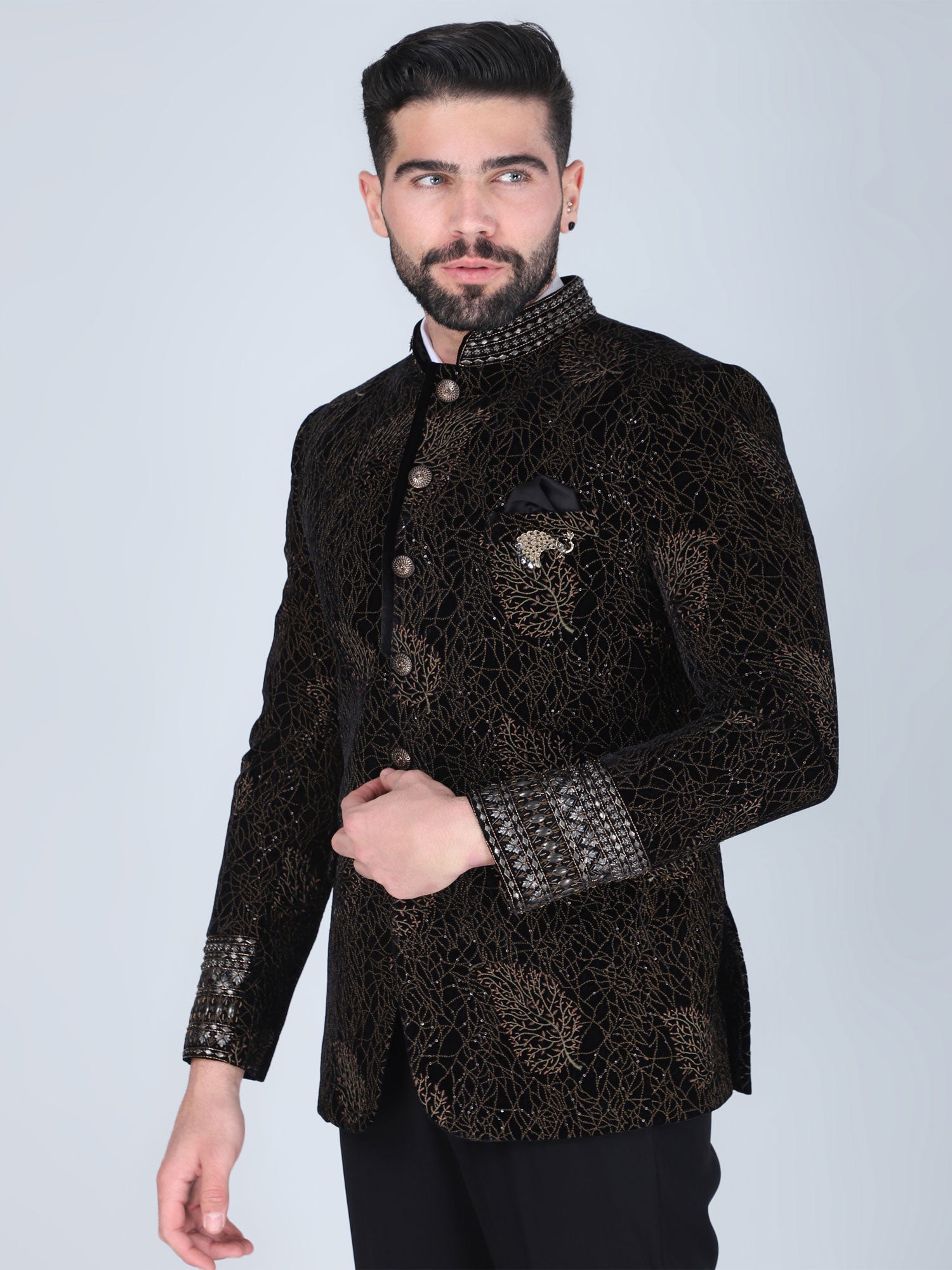 Black Velvet Mandarin Set In Heavy Embroidery