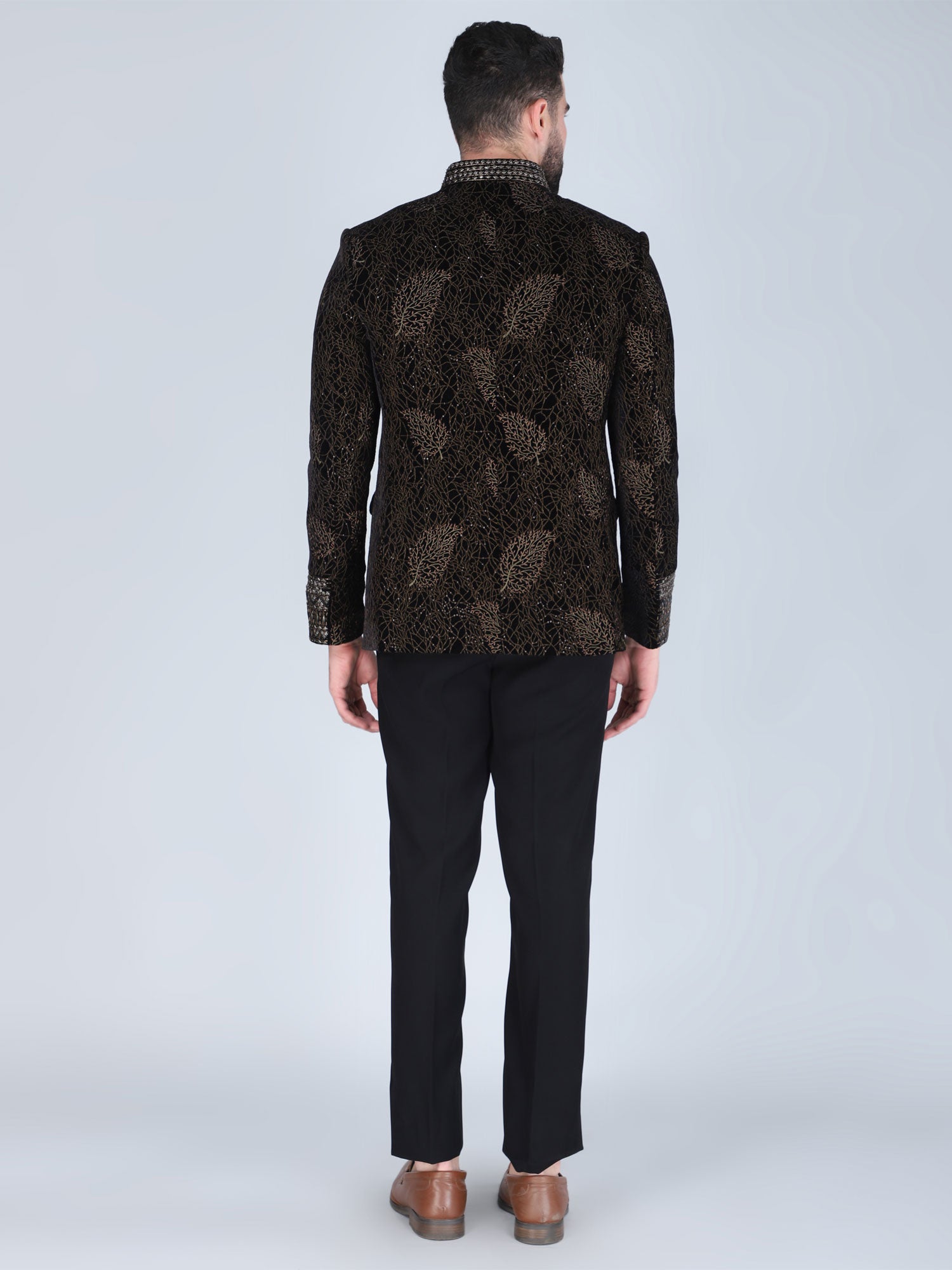 Black Velvet Mandarin Set In Heavy Embroidery
