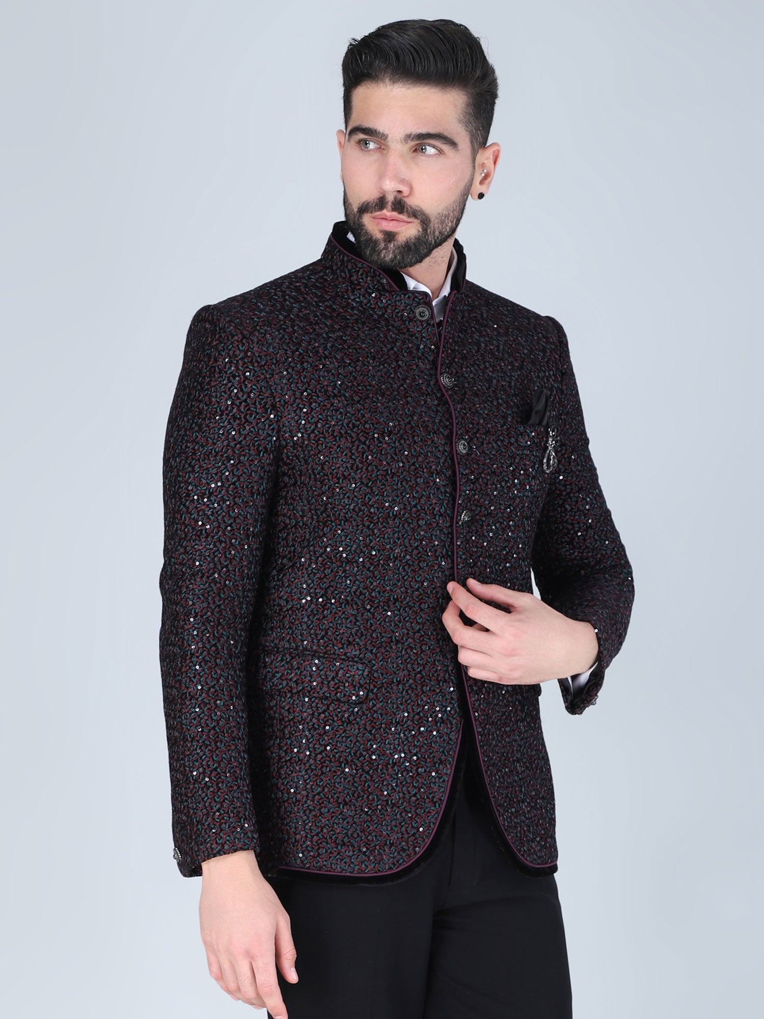 Black Wedding Mandarin Suit In Floral Embellishment