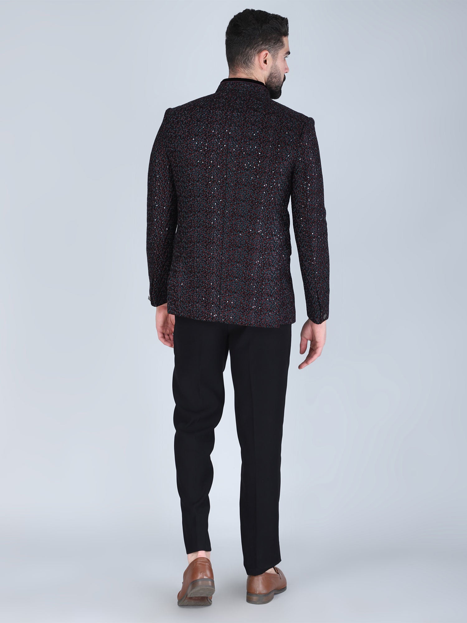 Black Wedding Mandarin Suit In Floral Embellishment