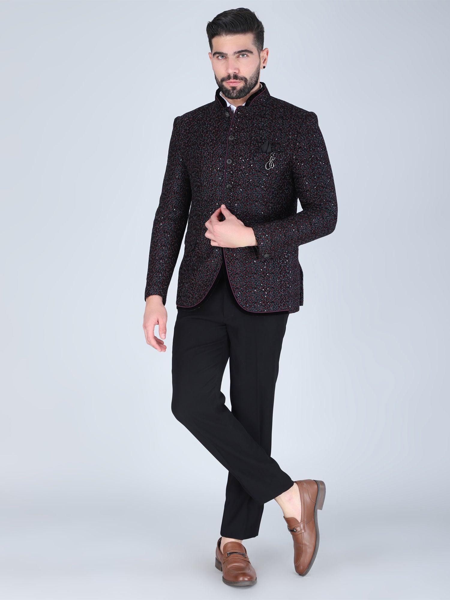 Black Wedding Mandarin Suit In Floral Embellishment