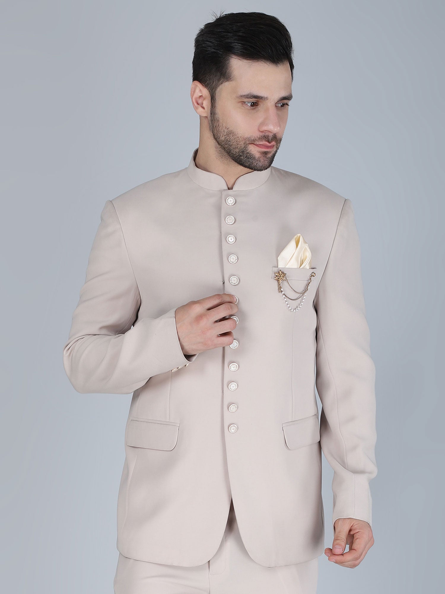 Light Grey Menswear Stylish Jodhpuri Set In Cotton