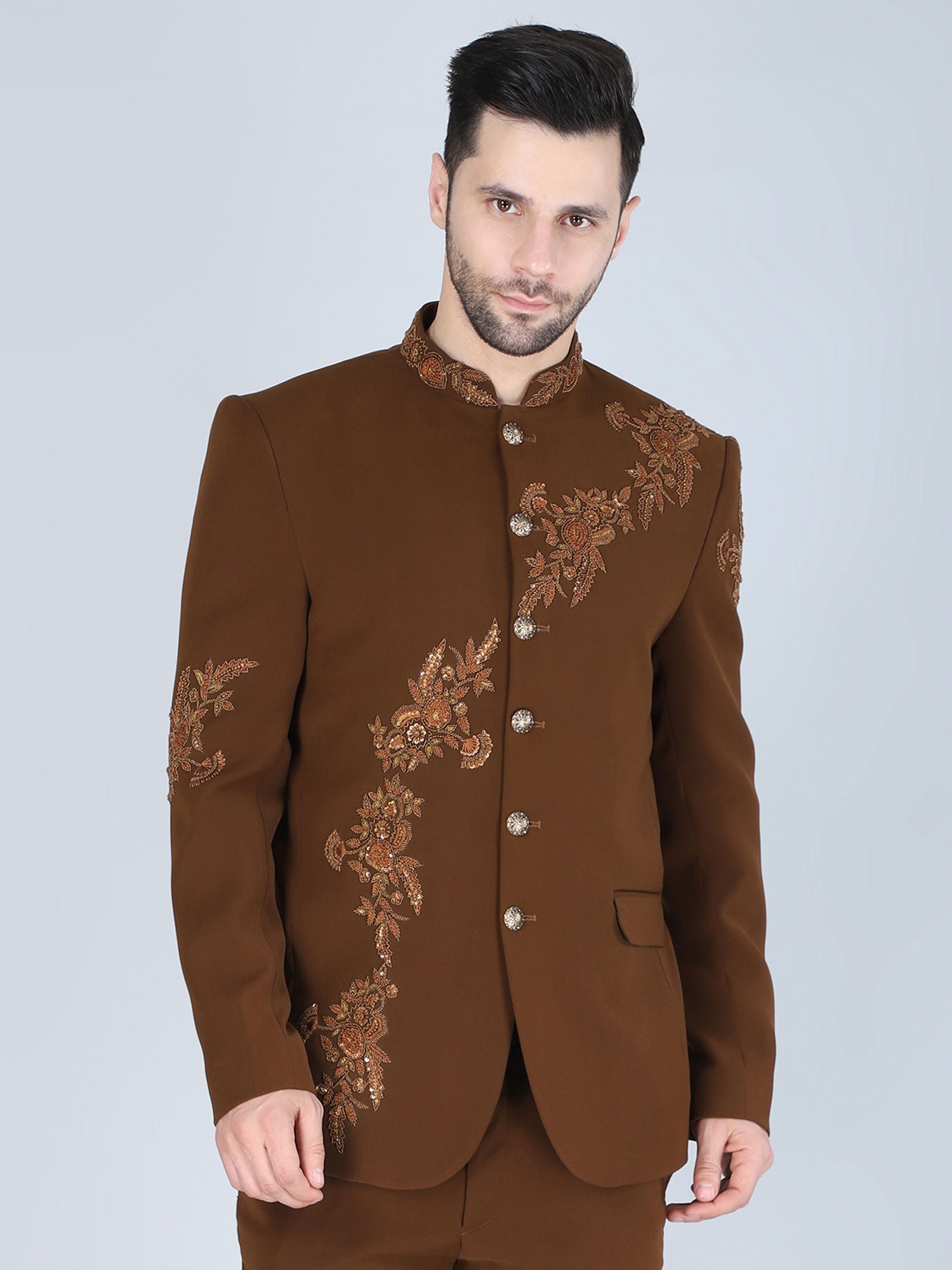 Dark Brown Embroidered Men's Bandhgala Set