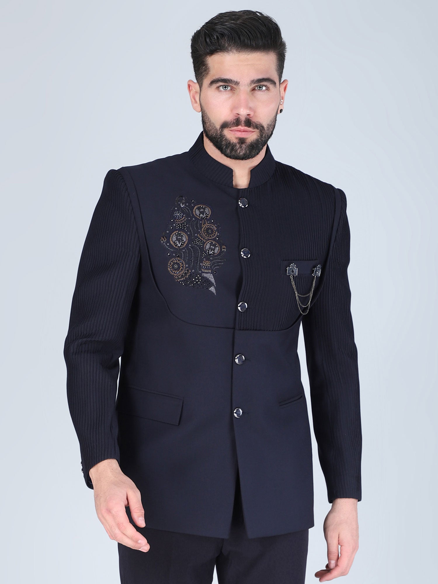 Navy Blue Designer Men's Mandarin Set In Rayon