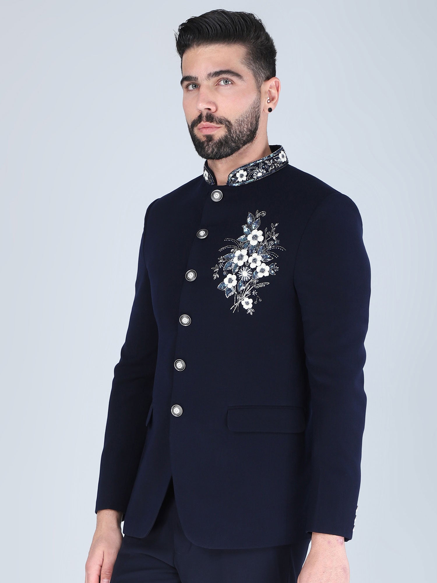 Navy Blue Floral Embroidered Designer Jodhpuri Suit