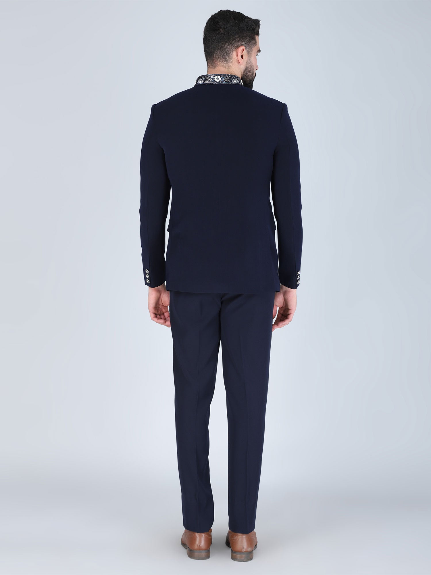 Navy Blue Floral Embroidered Designer Jodhpuri Suit