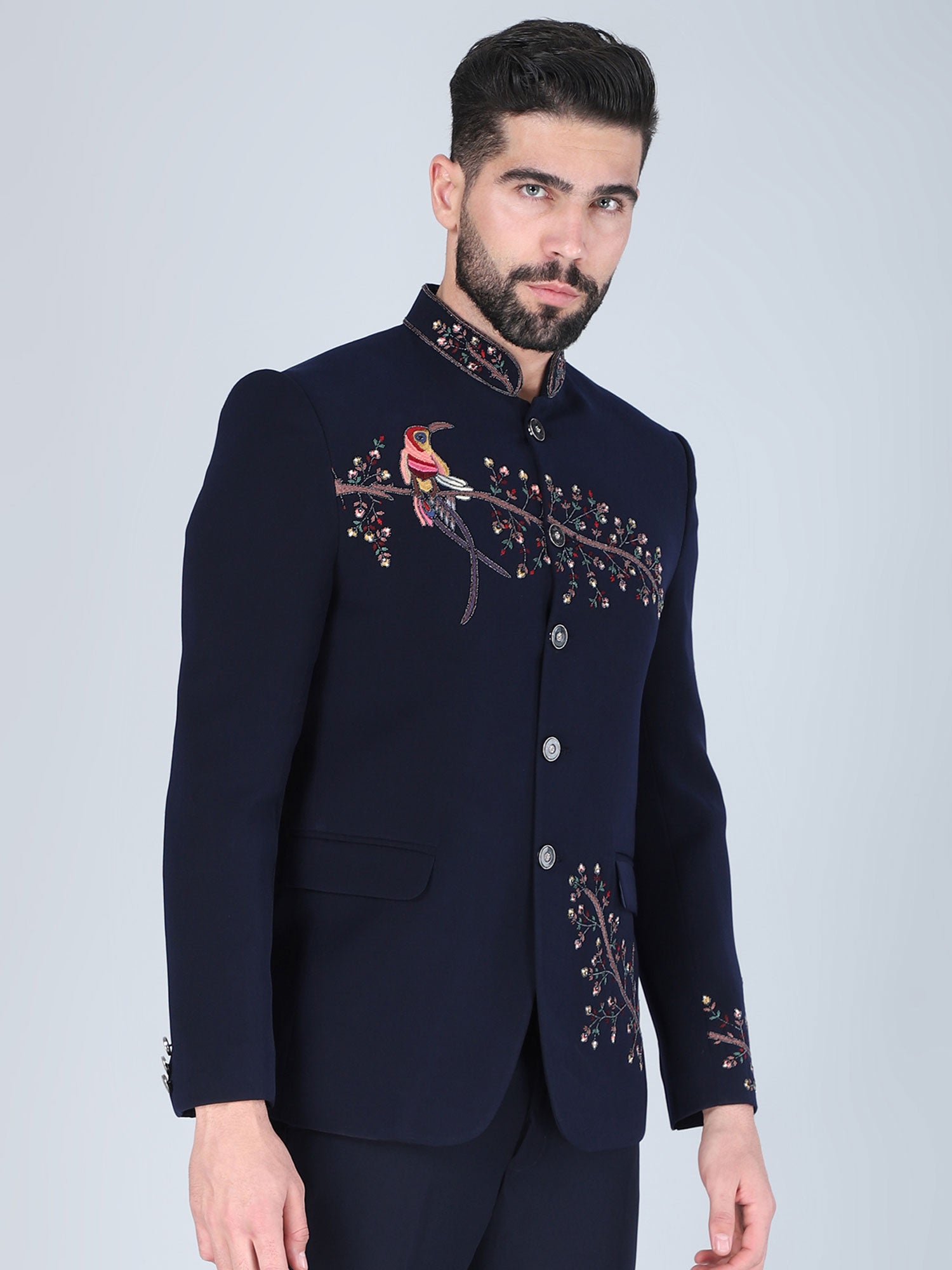 Navy Blue Wedding Cotton Bandhgala Suit For Mens