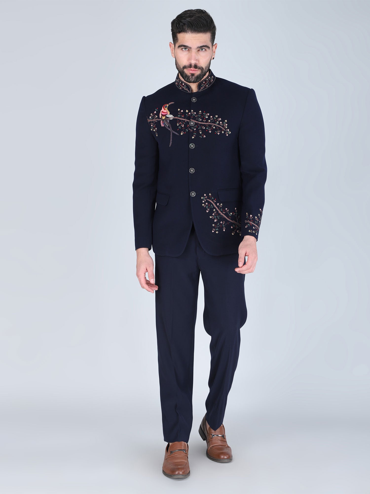 Navy Blue Wedding Cotton Bandhgala Suit For Mens