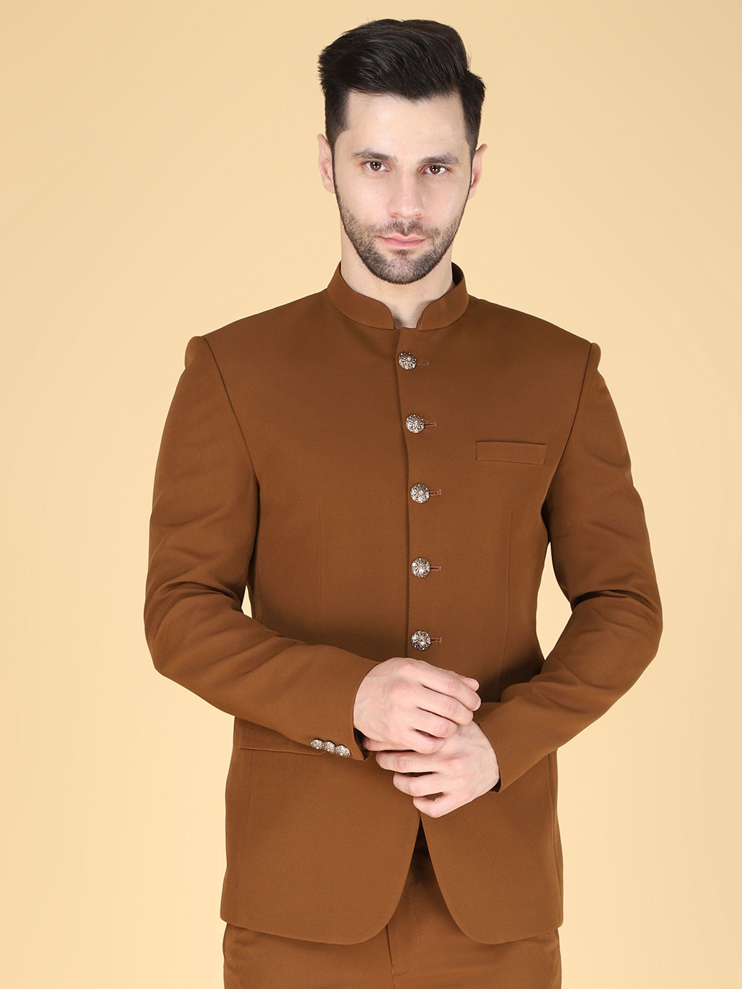 Brown Men's Bandhgala Jodhpuri Suit In Cotton